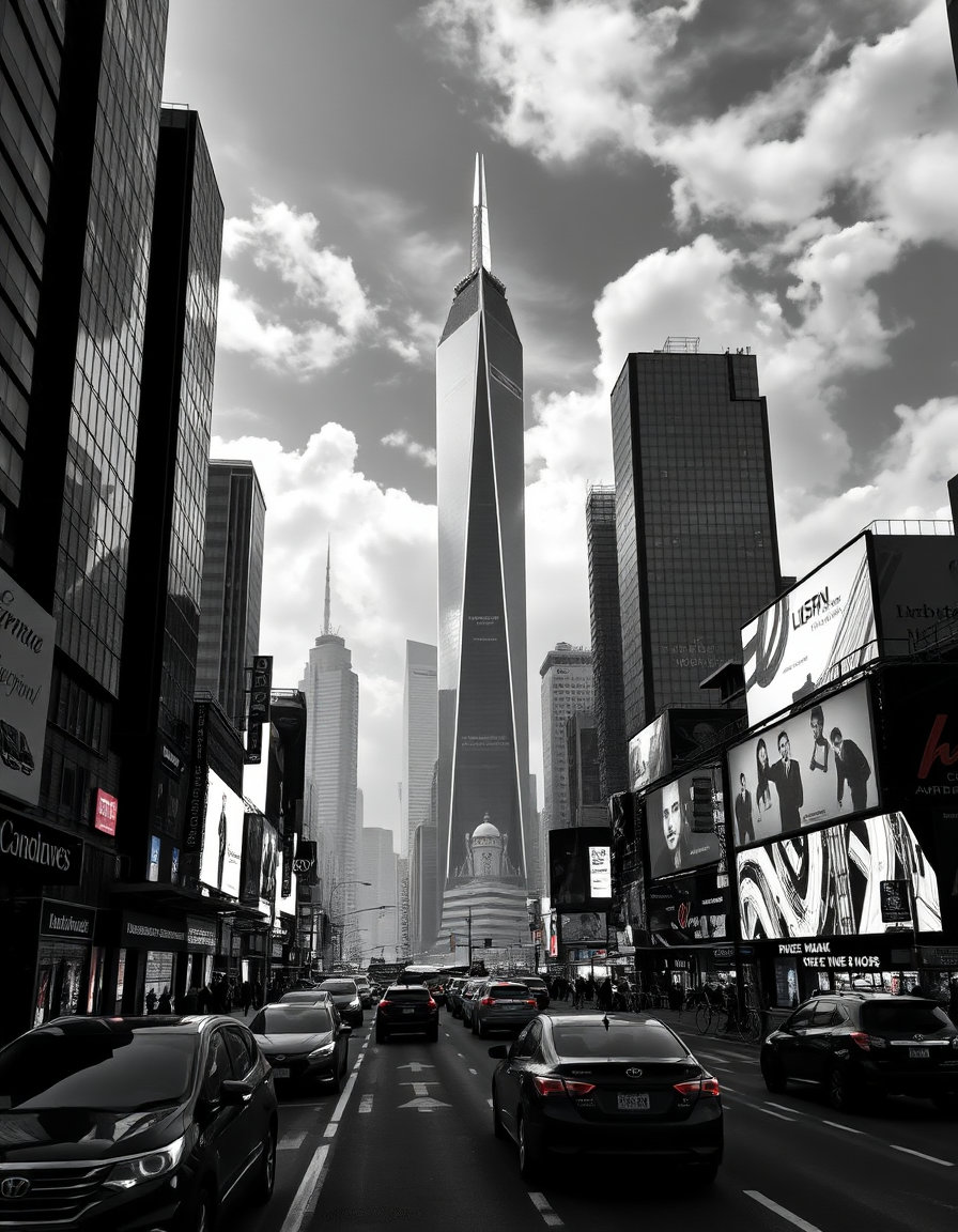 in a world rendered entirely in bold, high-contrast black and white, with no hint of grayscale hues, a futuristic cityscape unfolds before our eyes. towering skyscrapers, their angular facades and metallic surfaces gleaming like polished ebony, pierce the smog-choked sky. the streets below, lined with sleek black vehicles and adorned with vibrant, neon-free advertisements, pulse with the energy of urban life.

the black and white aesthetic is so striking that it borders on surreal, as if the very colors themselves have been drained from the scene, leaving only stark, high-contrast lines to define the architecture and its inhabitants.