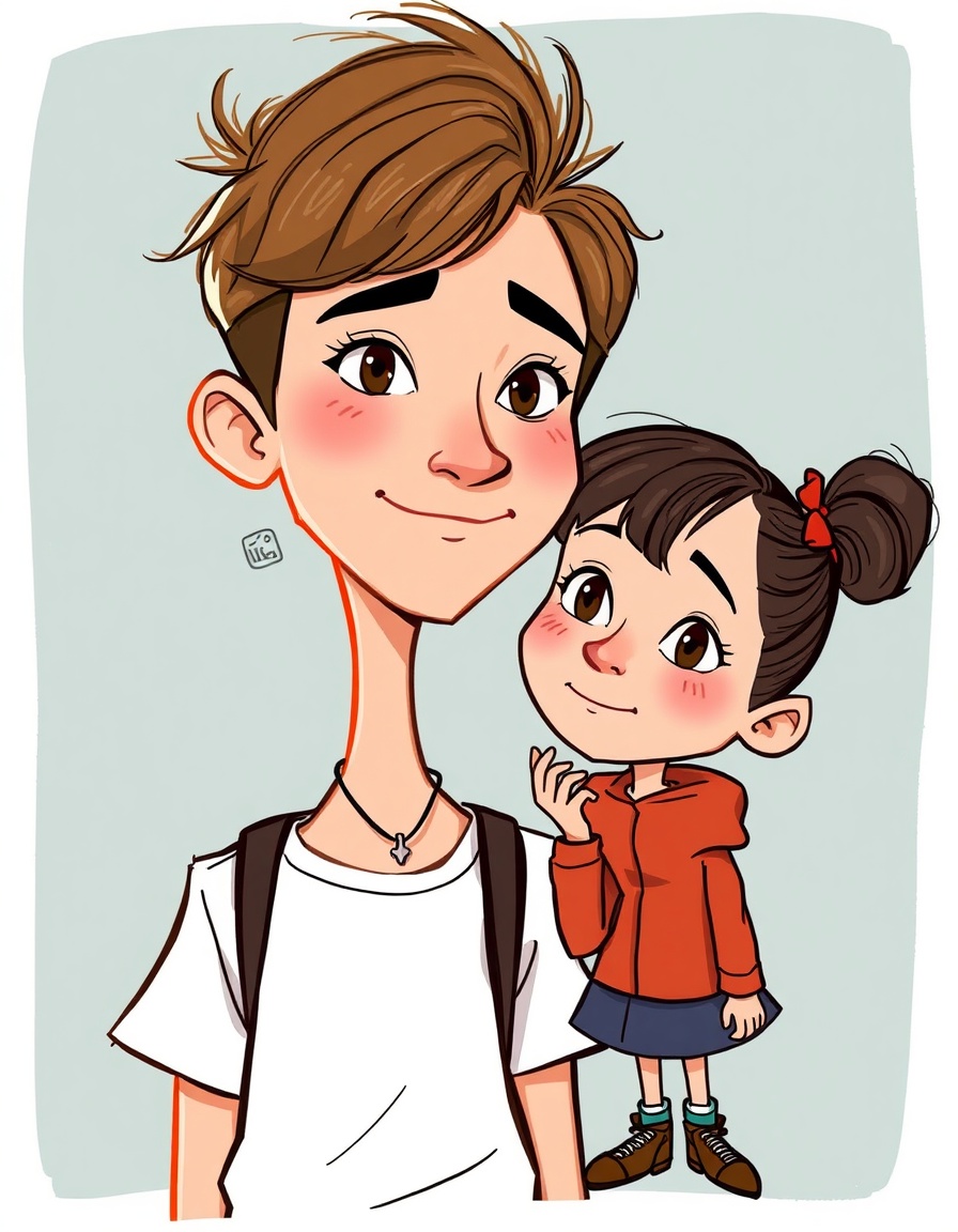Transform the subject from the uploaded image into a character in the style of Charlie and Lola (children's cartoon). Match the official cartoon look - thin sketchy outlines, flat colors, childlike proportions, playful hand-drawn charm, and simple textures.
Retain the subject's original clothing, hairstyle, facial features, accessories, skin tone, pose, and expression - but reinterpret them as if they belong in the Charlie and
Lola
