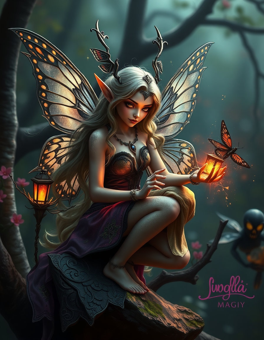 magical, fantasy elf, fairy, black butterfly magic