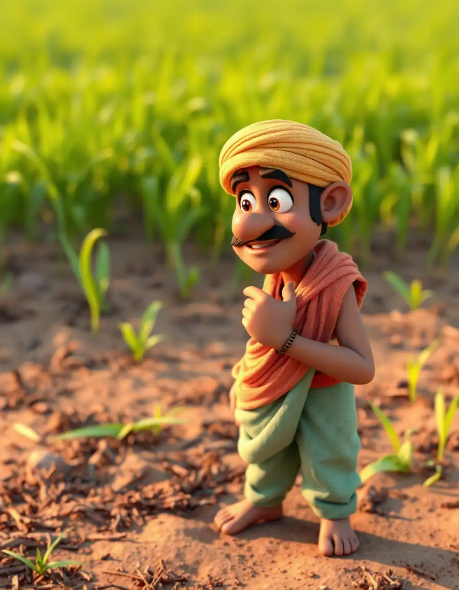 3D cartoon of Shyamu, the greedy farmer, standing near his dry field, watching Ramoo’s green field with jealous eyes. He’s scratching his chin, thinking of a plan. Warm afternoon light, consistent character style3D cartoon, Pixar-quality, warm lighting, soft textures, expressive faces, Indian rural setting, cinematic depth of field, consistent look across scenes.Lush green field background, Pixar-style, consistent character design.