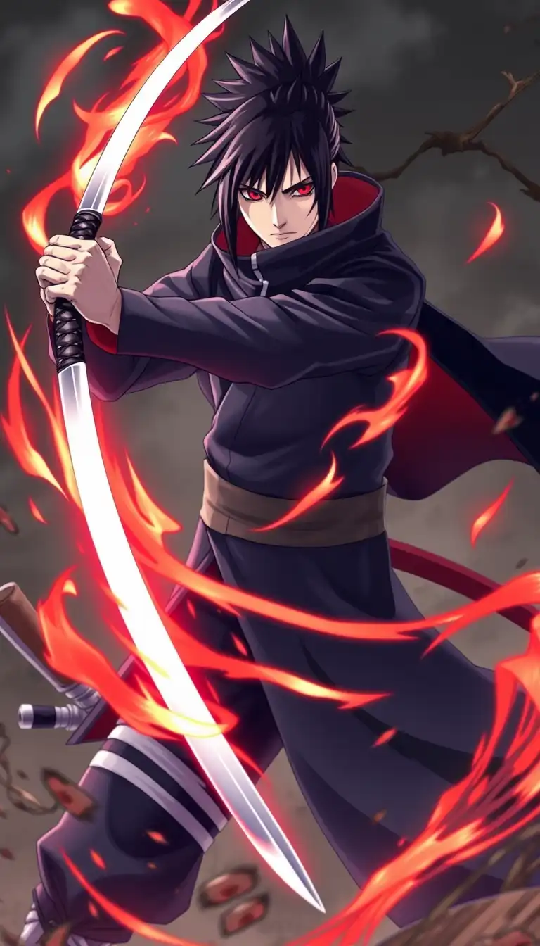 Sasuke Uchiha from Naruto anime with Katana and Chidori jutsu