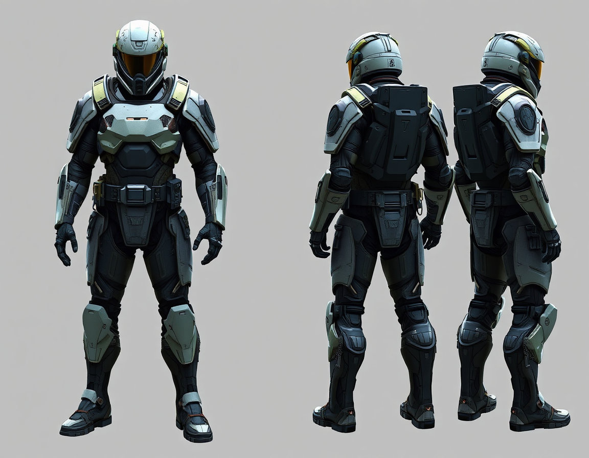 Futuristic sci-fi soldier with full armor. Photo realistic style. Model sheet with front, back and side view of the model. Fantasy sci-fi