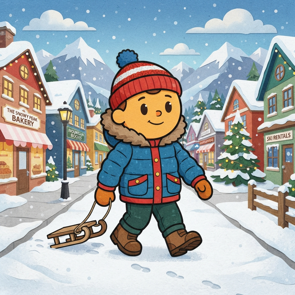 original cartoon kid character, construction-paper cutout style, simple round head, big oval eyes, bold black outlines, chunky winter parka, snowy small-town mountain street background, flat vibrant colors, crisp high detail, digital illustration