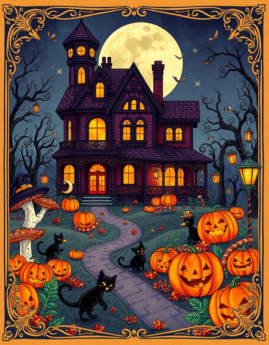 absurdity, a wildly exaggerated and humorously impossible scene, dominates the composition, making every halloween paper‑doll background page ridiculously absurd while retaining a whimsical, storybook‑inspired style. the layout is a portrait‑oriented 8.5 × 11 inch page with an open central play area framed by ornate, lightly sketched borders that do not interfere with doll placement. each page bursts with rich autumn hues—pumpkin orange, deep purple, emerald green, midnight blue, crimson, warm gold, and soft moonlit silver—rendered in high‑resolution, print‑ready detail at 300 dpi. 1. a charming haunted victorian mansion looms absurdly tall, its windows glimmering with oversized glowing eyes, curling iron gates twisted into spiral roller‑coasters, pumpkins the size of boulders rolling merrily, and autumn trees whose branches bend into impossible pretzel shapes. 2. a magical witch’s cottage sits beside gigantic, polka‑dotted mushrooms that sprout candy‑cane stems, a bubbling cauldron that erupts tiny fireworks, herbs that float like neon ribbons, and friendly black cats wearing ludicrously large top hats that spin like propellers. 3. a moonlit pumpkin patch stretches under an oversized crescent moon, filled with oversized jack‑o‑lanterns that grin comically, hay bales shaped like giant smiling faces, crows perched on floating teacups, and winding paths that coil like candy‑cane ribbons. 4. a bustling halloween village bursts with lanterns that flicker like neon smiley faces, banners that wave absurdly in impossible wind, candy stalls shaped like giant smiling skulls, and festive townsfolk whose hats float above their heads like balloons. 5. an enchanted forest glows with mushrooms that emit rainbow‑colored mist, twisted trees that bend into cartoonish arches, magical fog that forms playful shapes, and friendly woodland creatures wearing oversized spectacles. 6. a cozy spell library features towering bookshelves that reach the ceiling and bend like accordion folds, floating candles that orbit like tiny planets, potion bottles that giggle when tipped, and ancient spellbooks with pages that flutter like butterflies. 7. a grand gothic ballroom hosts a monster masquerade where chandeliers are giant spider‑web globes, velvet curtains ripple like waves, polished wooden floors reflect absurdly large, shimmering disco balls, and masked monsters strike comically exaggerated poses. 8. an abandoned carnival glows with neon‑bright lights, vintage rides that spin upside‑down loops in the sky, striped tents that stretch into the clouds, and festive halloween decorations that dance whimsically on invisible strings. 9. a mysterious cemetery showcases ornate stone paths that spiral like spirals of chocolate, angel statues with wings that flutter like butterflies, glowing lanterns that hover gently, colorful autumn leaves that swirl in vortexes, and elegant wrought‑iron fences that twist into playful knots. 10. a vampire castle courtyard features dramatic staircases that ascend into the clouds, gargoyles that grin mischievously, climbing ivy that forms massive, looping heart shapes, glowing windows that display cartoon‑style fireworks, and a full moon overhead that shines like a giant silver smile. 11. a haunted greenhouse overflows with magical plants whose leaves are shaped like sparkling fireworks, glowing flowers that pulse with neon beats, vines that dance across the air, pumpkins the size of small cars, and enchanted butterflies that leave trails of glittering stardust. 12. a cozy halloween bedroom is decked with costumes that sparkle like disco lights, candy buckets overflowing with candy that bounces, glowing string lights that form playful constellations, carved pumpkins with cheeky faces, books that flutter open like birds, plush bats that hover in mid‑air, and festive decorations that swirl magically around the room. all scenes include layered depth with detailed foreground and background elements, atmospheric lighting that casts whimsical shadows, and scattered leaves, stars, bats, ravens, candles, lanterns, cobblestone paths, vines, pumpkins, and other playful halloween details throughout. the overall mood is magical, cozy, inviting, and delightfully absurd—perfect for children and collectors of halloween paper dolls.