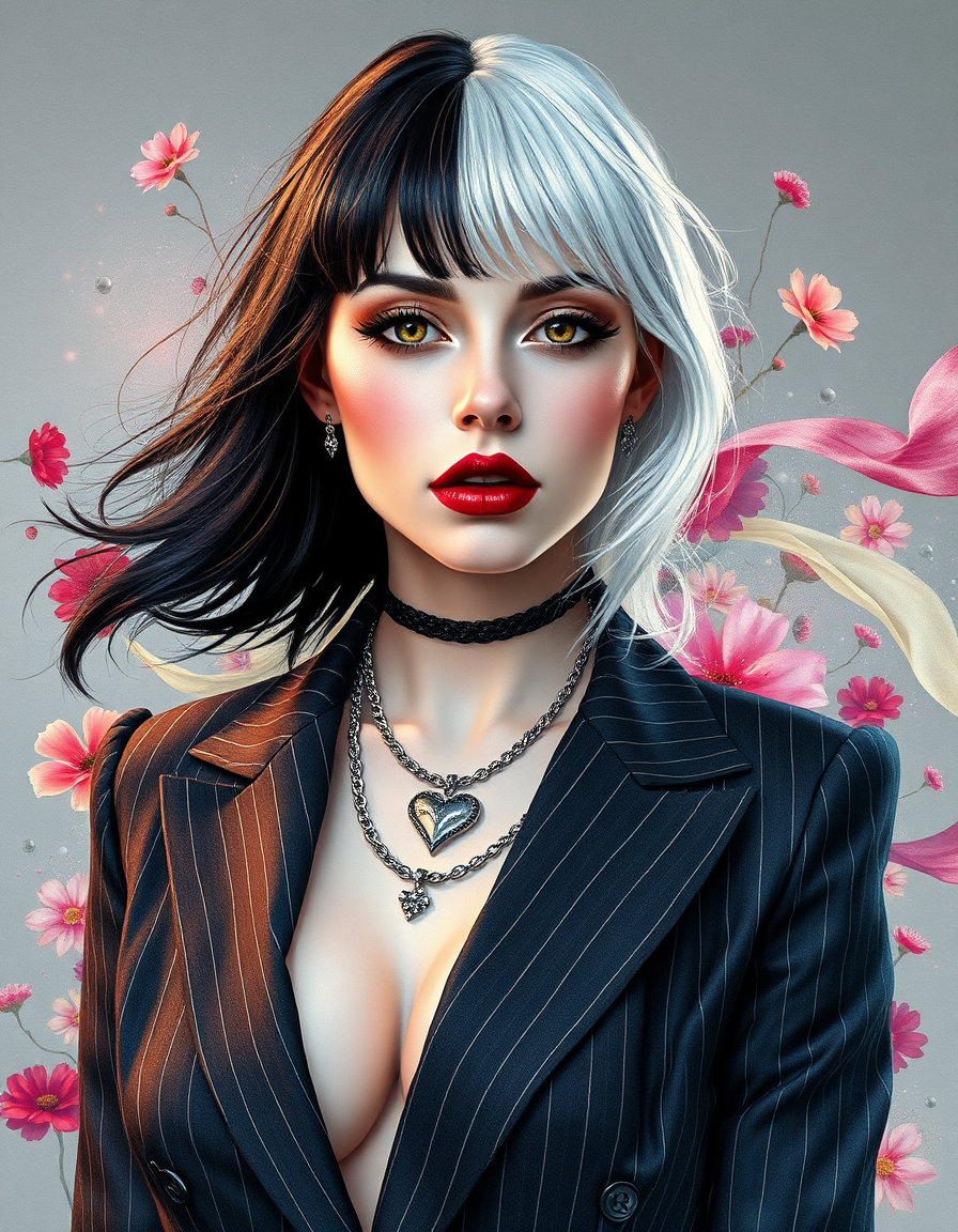 a gothic‑glamour female portrait in a studio bust setting, front‑facing with shoulders squared and chin tilted down, rendered in vibrant fantasy watercolor. her split‑dyed hair, half jet‑black and half platinum white, flows with surreal, bright‑saturated washes and ethereal lighting, while her pale skin and dark raspberry lips glow in high‑saturation translucent layers. she wears a matte pinstriped blazer with wide lapels and a silver chain necklace bearing a heart pendant, highlighted by whimsical, dreamlike glints. a subtle cat‑neck tattoo appears in granular edge strokes. the neutral gray gradient backdrop transforms into colorful flora and flowing fabric, bathed in airy, imaginative light, with dynamic movement and a wide‑angle, otherworldly feel.