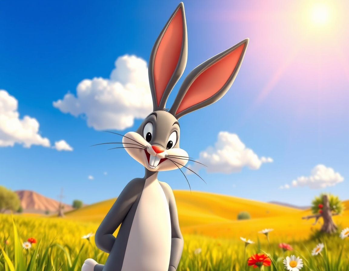 in a vivid, sun-drenched landscape reminiscent of the american countryside, a realistic and detailed depiction of a cartoon rabbit from the beloved looney tunes universe is prominently featured. the rabbit's overall appearance is a seamless blend of the classic looney tunes style and photorealism, with crisp, high-definition textures that evoke a sense of depth and dimensionality. the scene is set against a bright blue sky with only a few, puffy white clouds drifting lazily across it, perfectly capturing the essence of a serene and idyllic afternoon.