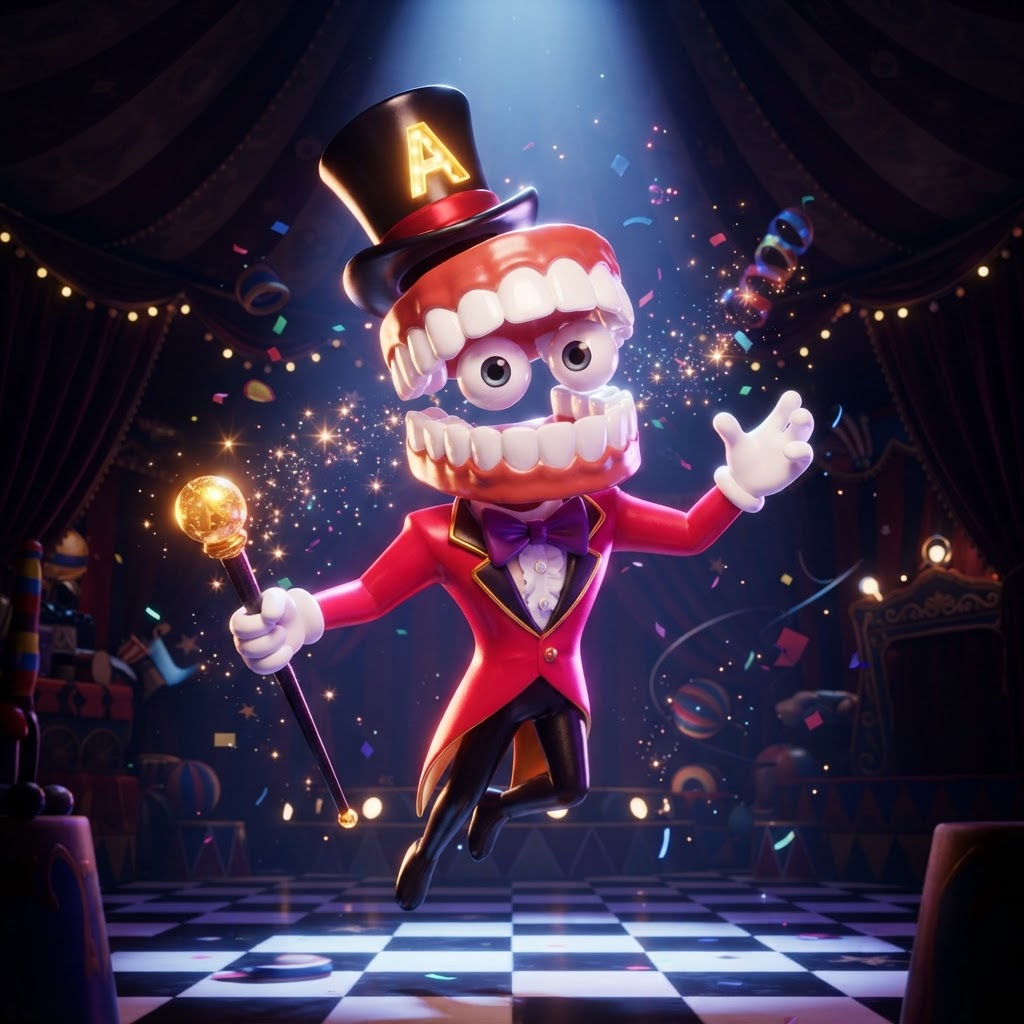 Caine from The Amazing Digital Circus, ringmaster portrait, glossy 3D circus style