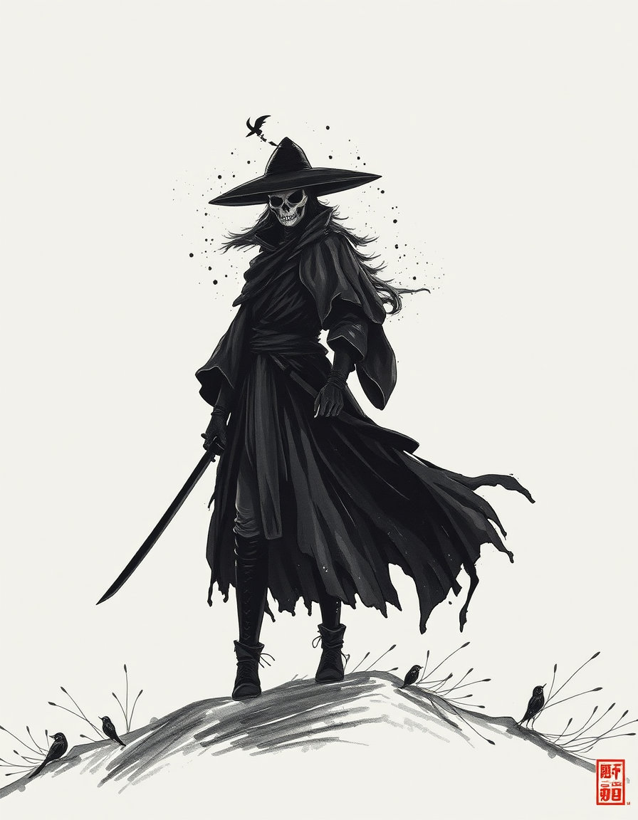 une femme élégante en chapeau skull gothique de cuir noir, bottines courtes à motif skull, entourée de gargouilles sur un fond sombre, dreamlike stillness, couleurs pastel douces, brume légère, contours flous, atmosphère sereine et surréaliste, lumière filtrée par une légère brume, mouvement lent et silencieux.A lone samurai stands atop a windswept hill, drawn entirely in bold sumi-ink strokes. COMPOSITION: strong black silhouette with only three values—deep ink, mid-gray wash, and white paper negative space. LIGHTING: implied backlight created solely through untouched white paper around the figure. STYLE: anime-sumi hybrid—thick calligraphic lineweight, dry-brush artifacts, and controlled splatter halos behind the blade. The sky is a single diluted wash fading to pure white. MOOD: stark, elegant, meditative.