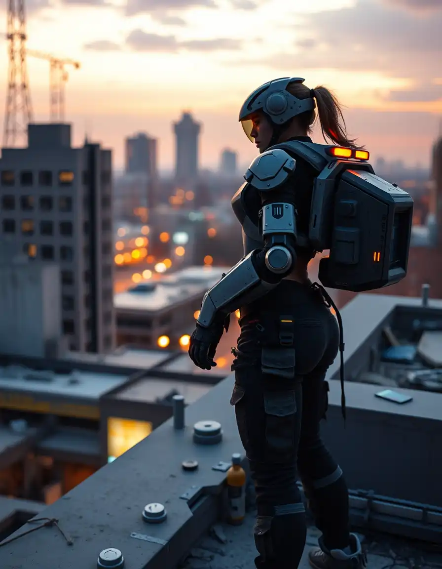 a heavy mech-soldier with glowing visor stands on a rooftop, overlooking a scene. she wears urban streetwear with cargo pockets. the style is cyberpunk, photorealistic, and captures the bittersweet youth theme with a soft, reflective tone in golden evening light.