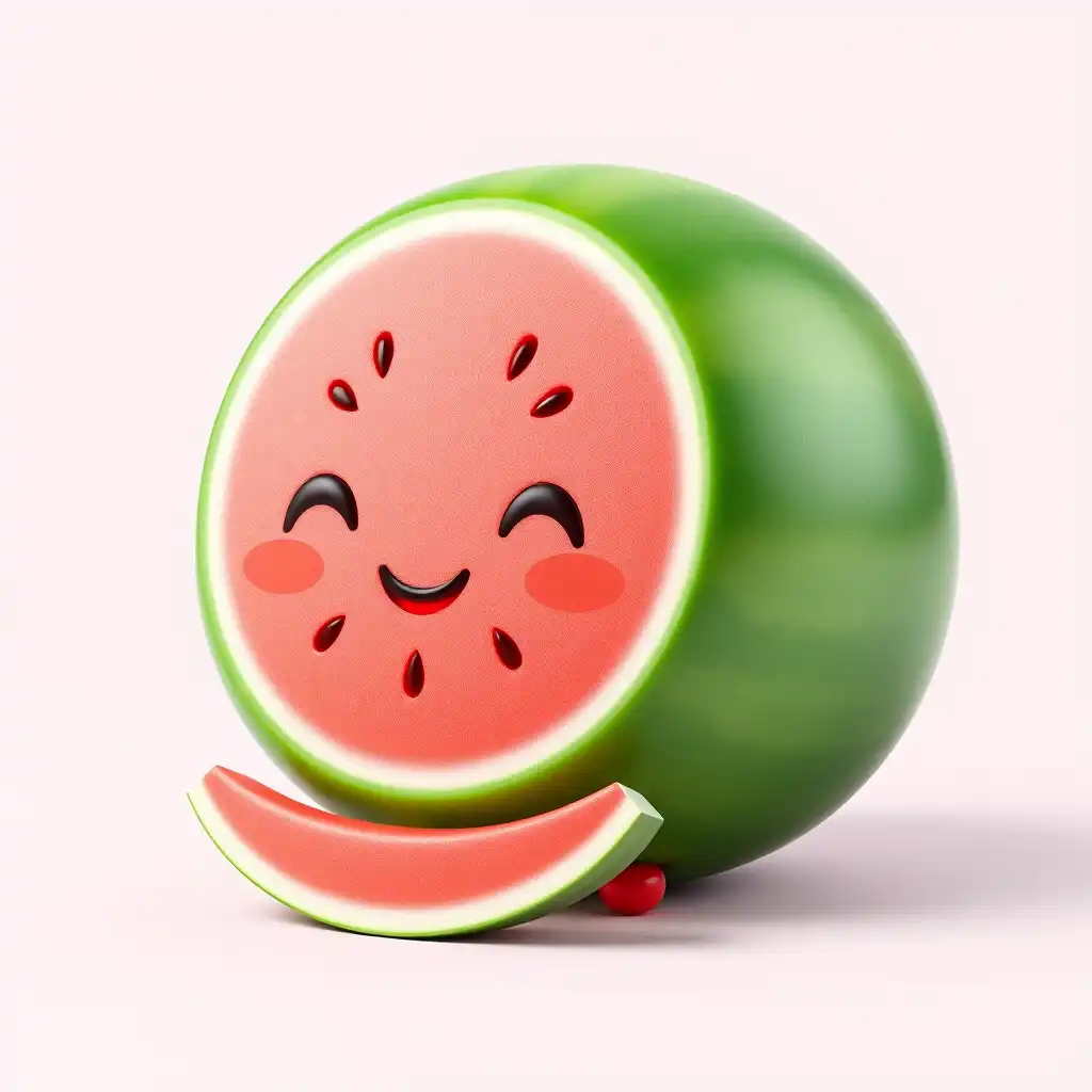 “Cute 3D watermelon slice character, chibi style, smiling face, glossy material, soft lighting, pastel colors, high detail, toy-like render, isolated background”