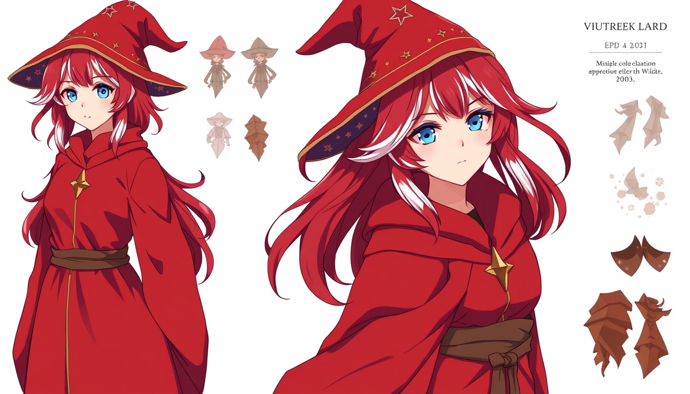 A red-robed witch VTuber shown with outfit callouts