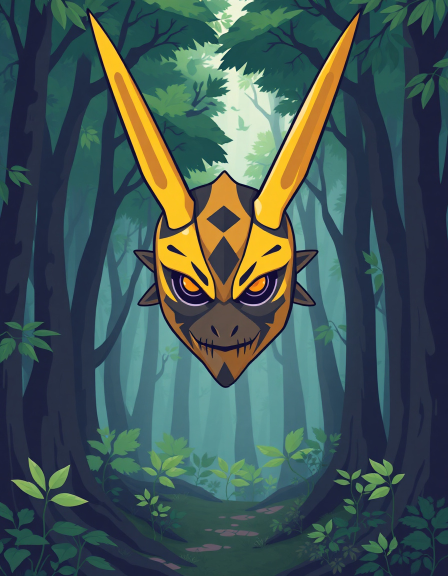 An original normal fakemon with mask inspiration. It has key features like ancient mask from space. The design incorporates japanese influences with sharp edges, dark yellow. Renders in a retro fakemon art style with a minimal amount of detail, inside of a green forest.