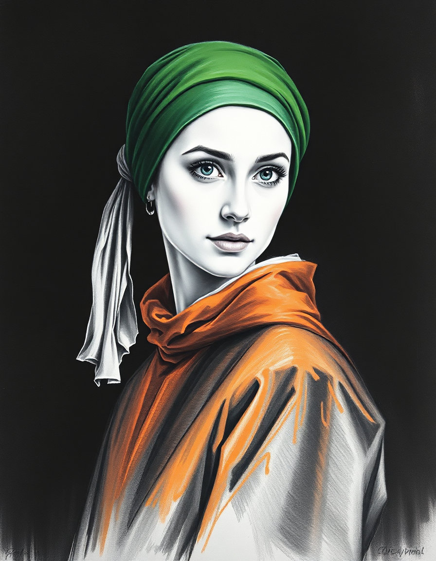 a female bust portrait in a studio, set against a stark black background, her green headscarf and orange-red high-collared tunic rendered in delicate black and white chalk strokes, evoking a sense of timeless elegance and subtle texture, as the artist's skilled hand brings forth the subject's features in crisp, high-contrast lines, the softness of the chalk underscoring the intimacy of the portrait, while the overall aesthetic remains grounded in the quiet, contemplative world of black and white, where every detail is heightened and every emotion is distilled.