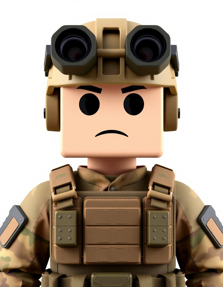 blocky military soldier avatar, front-facing full-body 3D render, tactical helmet with night-vision goggles, camouflage uniform and plate carrier vest, isolated on plain white background, centered composition, soft even studio lighting, minimal shadow, game character icon style, muted tan and olive camouflage tones