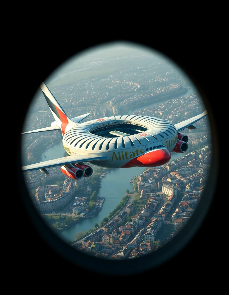hybrid stadium‑airplane chimera in emirates livery, fuselage shaped like a monumental football stadium bowl with red engine nacelles, central tower spire and glass façades, soaring above a european riverine city; isometric view framed through a narrow dark silhouette gap like a periscope peek, creating a horizontal letterbox viewport that crops the scene dramatically, with sharp, textured frame edges contrasting the illuminated city, riverbank trees, residential rooftops and streets; soft midday sunlight, subtle volumetric haze, crisp shadows, focused depth of field on the revealed scene.