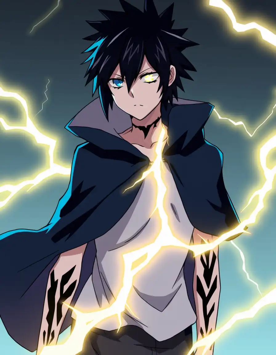 Kaminari Sasuke Denki Uchiha (Kaminari + Sasuke)
- Appearance: Black lightning tattoos, Sharingan eyes with electric sparks, punk-style cloak.
- Powers: Chidori Volt Surge — Amplifies Chidori with Quirk electricity; can overload genjutsu illusions with static feedback.