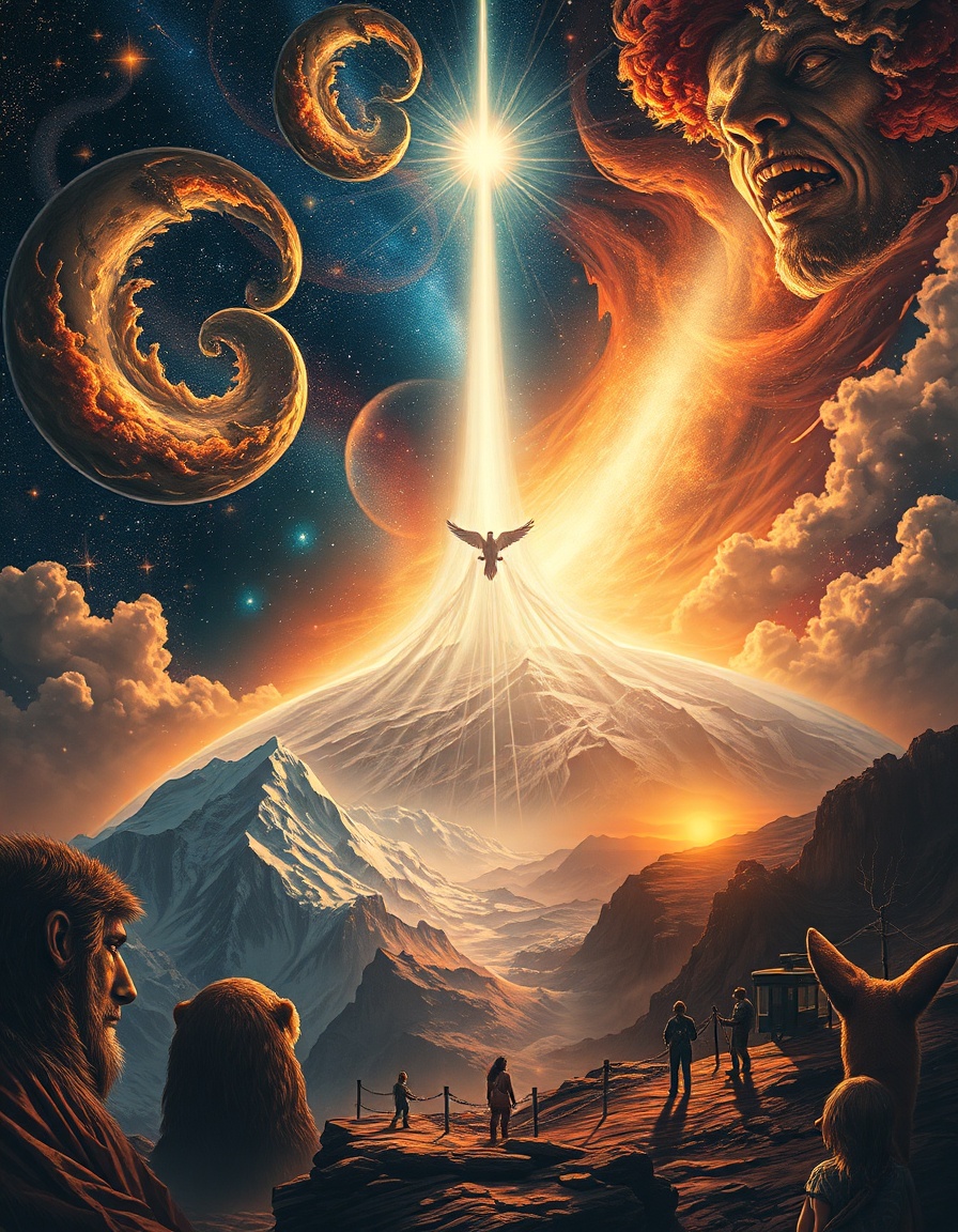 a vast cosmos filled with swirling galaxies and nebulae, a radiant being of blinding light descends upon a desolate planet. anguished faces of mortal beings look up in awe and desperation. ethereal art style, with intricate details that evoke a sense of otherworldly power and grace. canvas of five interlinked scenes, laid out like a 5-sided die. each scene expresses a unique thematic contrast through distinct subjects, colors, and emotions. the four outer images smoothly morph into one another, while the center image stands out in mood, style, and composition. overall tone is ethereal and dreamlike. a tranquil forest glade melting into a thunderstorm. a mountain lion watches from snowy alpine cliffs. a vibrant carnival fading into a desolate street. an eagle glides above stormy shores. friends reunite in joy, then part at a train station. a bear wades through lush rainforest. a dance party dims into a quiet room. a desert fox prowls sunset sands. a mountain peak with an eagle soaring, a symbol of freedom and strength. blended vignettes of arctic wolves howling, a tropical dolphin mid-leap, a leopard hunting through savannah, a butterfly drifting across grasslands, an elk standing tall in a dark forest, and a hummingbird dancing through wildflowers.