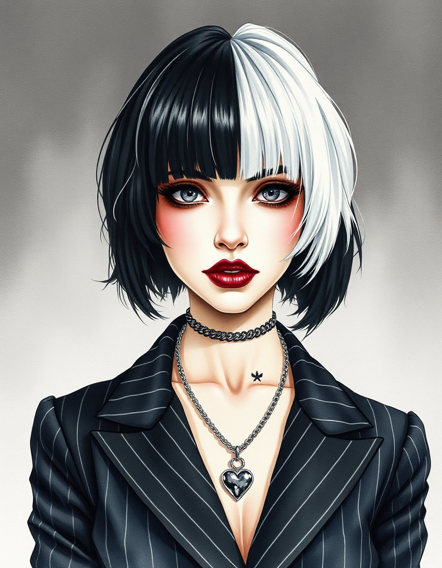 watercolor portrait of a gothic‑glamour female character in a studio bust setting, front‑facing with shoulders squared and chin tilted down. her split‑dyed hair, half jet‑black and half platinum white, is rendered with soft wet‑on‑wet washes and delicate lifted highlights, while her pale skin and dark raspberry lips appear in translucent layers with cool, desaturated shadows. she wears a matte pinstriped blazer with wide lapels and a silver chain necklace bearing a heart pendant, depicted in semi‑transparent pigment that catches a subtle specular glint. a subtle cat‑neck tattoo is hinted with granular edge strokes. the neutral gray gradient backdrop fades into a soft vignette, rendered in gentle watercolor gradients, with atmospheric chiaroscuro created by cool key light and airy fill.
