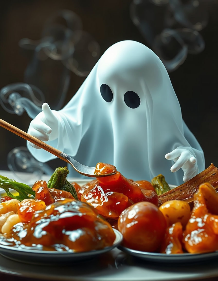 a spectral, translucent figure, the ghost, is depicted mid-meal, its ethereal form hovering over a spread of "januk foods." these foods are characterized by their oily sheen, with glistening droplets and a rich, unctuous texture evident in their presentation. the overall composition captures the ghostly entity's interaction with these uniquely rendered, oily delicacies, presented in a visually detailed and imaginative manner.