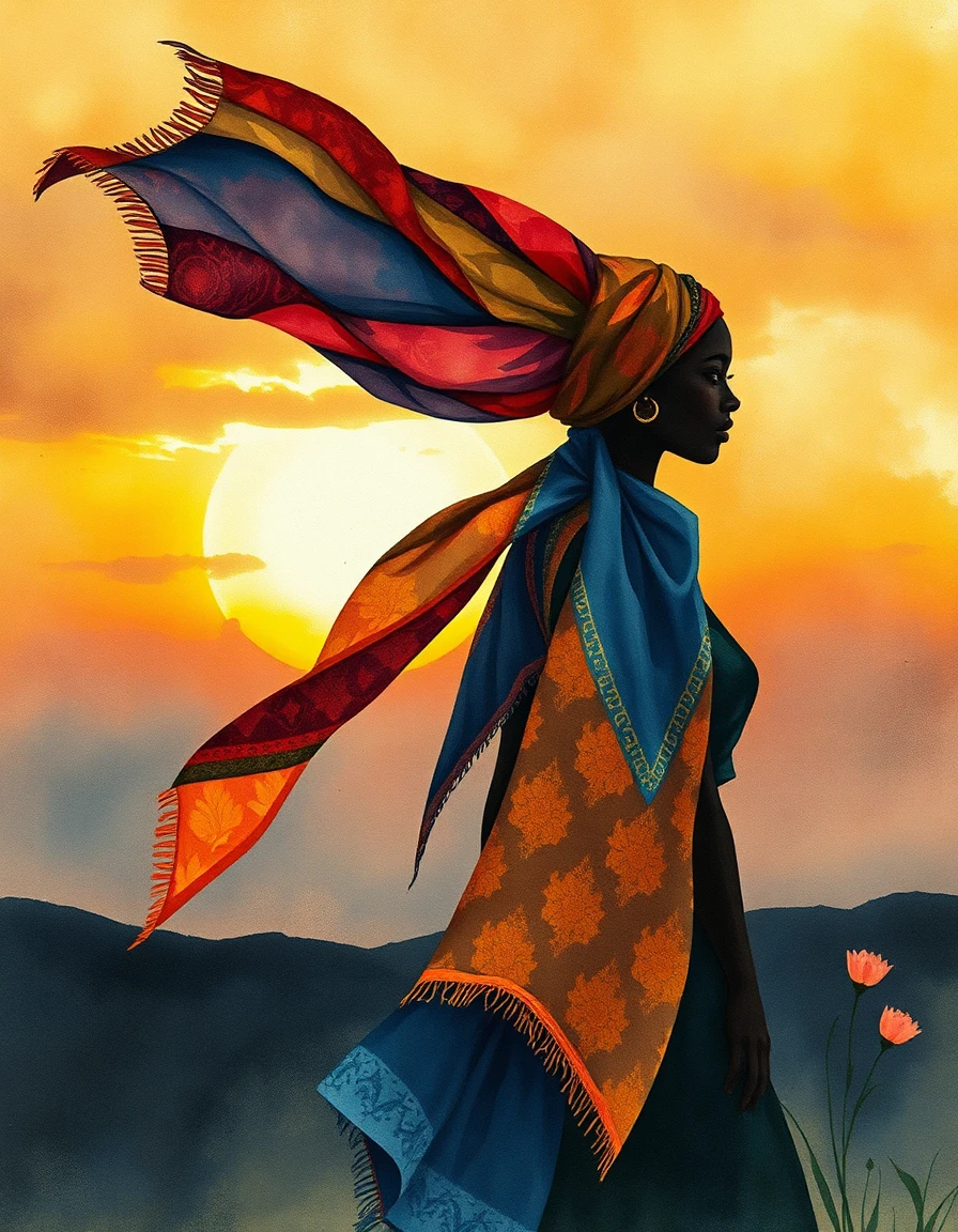 dutch masters detailed watercolor painting with soft focus, feathery brush strokes, wet blending and delicate texture, intense chiaroscuro and impasto brushstrokes, depicting african silhouettes adorned with intricate patterns and wearing a trailing silk scarf in vibrant indigo and ochre, its fabric whipped by dramatic wind and illuminated with dynamic lighting, rendered in a bauhaus geometric aesthetic of flat vector shapes and sharp edges. the figures stand before a moody sunset sky, deep lapis and warm gold hues, with subtle rose‑tinged flesh and nuanced greens. lithograph‑ink texture hints beneath the glazed layers, and calligraphic floral ornamentation frames the asymmetrical composition.