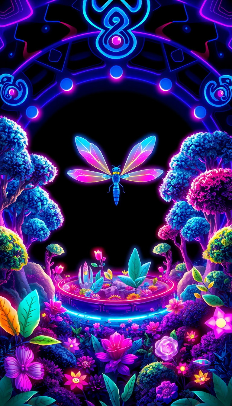 a holographic holo‑glow mandala forest bathed in cyberpunk neon, with swirling iridescent blues, pinks, cyans and electric purples radiating around a glossy black backdrop, dominates the scene. in its center, a cartoon dragonfly perches on a tiny stage garden, its wings catching the neon aura. stylized trees and foliage form concentric rings of bright 8‑bit colors softened by the futuristic glow, while geometric leaves and insect sprites flicker with electric highlights. a middle‑ground ring of colorful flowers glows softly, and misty distant trees recede in three‑dimensional space under bold lighting. the nostalgic arcade vibe is transformed into a dreamlike, fluid‑color atmosphere, with blocky sprites reflecting the retro palette in neon tones.
