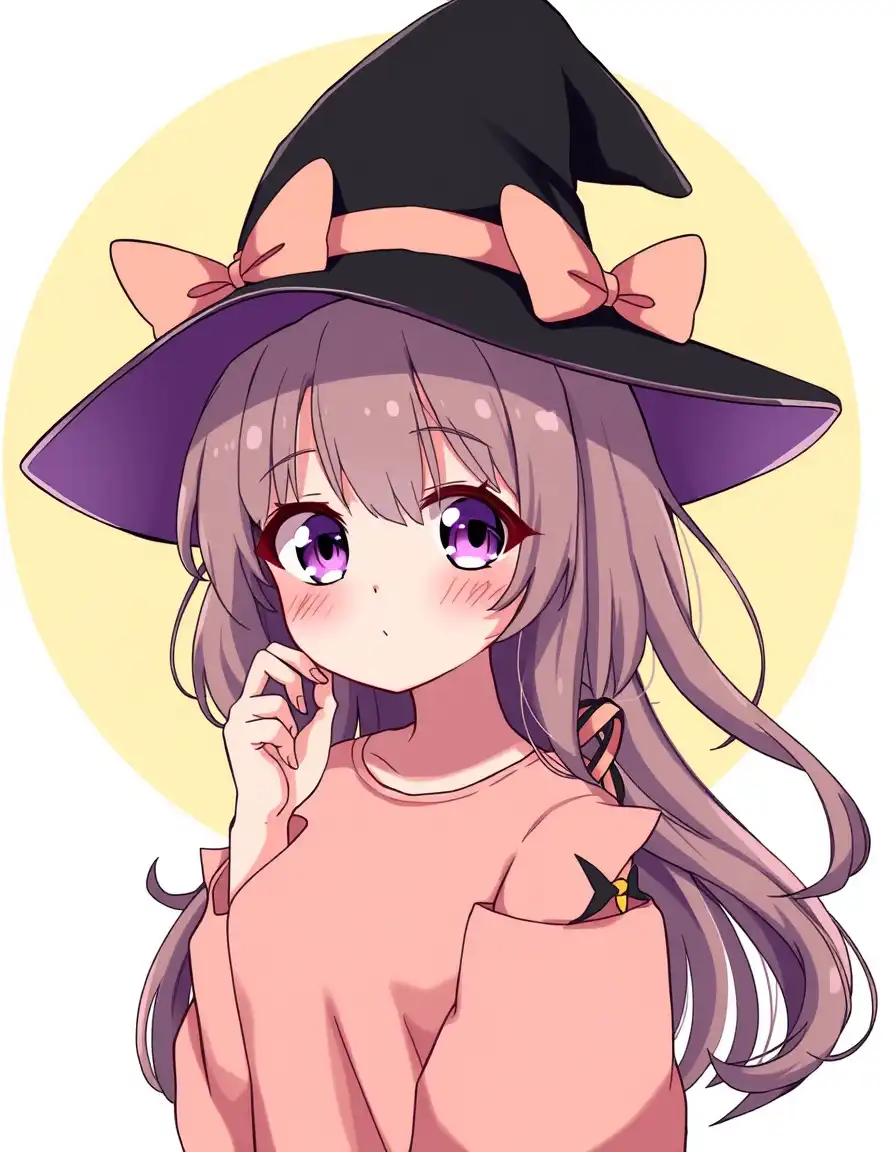 cute girl, black witch hat, anime style