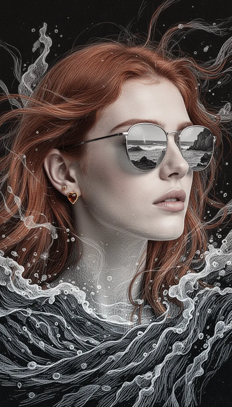 a chestnut‑haired model wearing reflective sunglasses that mirror a seashore, with a delicate gold stud earring set with a tiny brown heart crystal, captured in an etched reality aesthetic: solid black background, bold etched lines, monochromatic palette, high contrast and luminous glow, abstract composition with intricate line patterns and dynamic movement, soft focus depth and texture, surreal minimalist modern art feel, flowing hair, conceptual imaginative vibe, 85mm lens f/2.8, striking visual impact.
