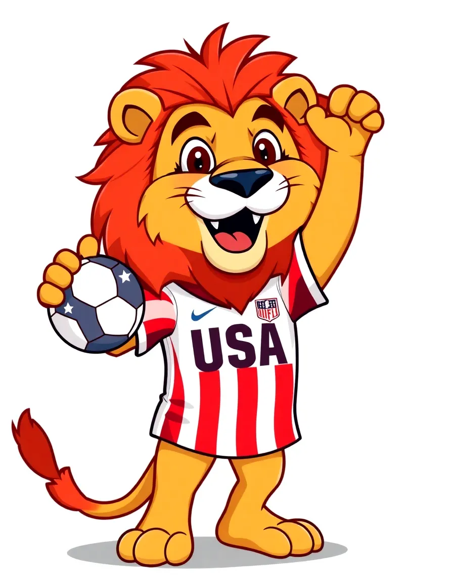 Energetic lion wearing USA flag jersey, cheering with football in hand, mascot style, cartoon character, vibrant colors, World Cup 2026 theme.β