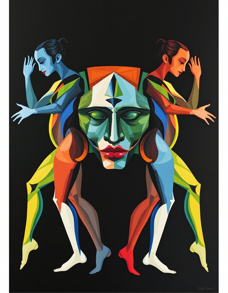 ## subject
- identity / type: abstracted human figures, dual gendered silhouettes, symbolic representation
- pose & gesture: symmetrical mirrored stance, arms extended laterally, legs splayed in dynamic v-shape, **entwined artistically**
- scale & proportion: exaggerated limb proportions, elongated torsos, stylized anatomical ratios
masterpiece, masterartwork, very beautiful,pvc, pvc design, large object, very modern pvc background,
sureal, surealitly, dual surealism, masterwork, dali,
- medium: oil on canvas
- technique: impasto, visible brushwork, palette knife application
- rendering approach: cubist synthesis, geometric abstraction, fragmented planes
- color treatment: high-chroma local color, juxtaposed complementary hues, non-naturalistic saturation
- value & contrast: moderate tonal range, flattened value structure, compressed luminance gradient
- detail density: selective detail, expressive simplification, structural emphasis over textural fidelity
- era / movement: early 20th-century modernism, cubist-influenced portraiture, expressionist color logic

- identity / type: abstract organic shape urban, silhouette
- pose & gesture: dynamic, fluid motion implied through brushwork, **entwined artistically**
- distinctive features: white linear striations, layered translucent planes
the setting is undefined, focusing purely on the abstract arrangement of shapes and figures.
the composition is densely packed, with figures overlapping and filling the entire canvas.
the lighting is flat, enhancing the boldness of the colors and patterns rather than highlighting any particular area.
vibrant colors dominate the image, including blues, reds, yellows, and greens in a harmonious blend.
the style is abstract and modern, reminiscent of cubism with a focus on form and color.
the mood is dynamic and lively, evoking a sense of movement and rhythm through the vivid patterns.
set against a solid black background that enhances the vibrancy of the colors and patterns in the face.
the composition is centered, focusing on the profile with no additional elements in the background.
lighting is not directly depicted, but the contrast with the background highlights the colorful design.
a vivid color palette includes red, blue, green, purple, and orange, with each section distinctly colored.
the style is abstract and geometric, reminiscent of modernist or cubist art movements.
the mood is artistic and thought‑provoking, encouraging viewers to interpret the abstract representation.
a red flower and green vines are interspersed between the faces, adding a natural element.
the background is a vivid blue, providing contrast to the colorful figures.
abstract painting featuring a collection of stylized human figures with elongated forms and geometric shapes, **entwined artistically**.
the figures are interwoven and layered, creating a sense of depth and complexity in the composition.
intricate patterns and textures adorn the figures, with a variety of motifs including spirals, zigzags, and dots.
a stylized bird with a long beak stands prominently in the center of an abstract composition.
the bird appears to be perched amidst a series of circular shapes with radiating lines, resembling abstract flowers or suns.
the background is a vibrant mix of colors, including red, blue, pink, and yellow, with a textured appearance.
the composition is abstract and layered, with various colors blending and overlapping.
the lighting is even, allowing the bright colors and bold outlines to stand out clearly.
dominant colors include deep black, bright pink, turquoise, red, and yellow.
the style is abstract and modern, with bold outlines and expressive brushstrokes.
the mood is dynamic and energetic, with a sense of playful creativity.
the setting is undefined, focusing purely on the abstract arrangement of shapes and figures.
the composition is densely packed, with figures overlapping and filling the entire canvas.
the lighting is flat, enhancing the boldness of the colors and patterns rather than highlighting any particular area.
vibrant colors dominate the image, including blues, reds, yellows, and greens in a harmonious blend.
the style is abstract and modern, reminiscent of cubism with a focus on form and color.
the mood is dynamic and lively, evoking a sense of movement and rhythm through the vivid patterns.
the composition is dynamic, with faces positioned at various angles and overlapping.
bright and bold lighting accentuates the vibrant colors and intricate patterns.
dominant colors include red, orange, blue, green, and purple, creating a vivid palette.
the painting style is abstract with flowing, fluid lines and detailed patterns.
the mood is surreal and whimsical, evoking a sense of dreamlike fantasy.

- scale & proportion: vertical orientation,
intricate patterns and textures with a variety of motifs including spirals, zigzags, and dots.
intricate patterns and textures with a variety of motifs including spirals, zigzags, and dots.
are interwoven and layered, creating a sense of depth and complexity in the composition.
intricate patterns and textures with a variety of motifs including spirals, zigzags, and dots.
the style is abstract and modern, reminiscent of cubism with a focus on form and color.
the mood is dynamic and lively, evoking a sense of movement and rhythm through the vivid patterns.

- clothing or equipment: ornate headpiece, patterned bodice
- scale & proportion: idealized proportions
- medium: oil on canvas, impasto application
- technique: abstract expressionism, gestural brushwork, palette knife application
- rendering approach: non-representational abstraction, biomorphic forms
## environment
- location type: abstract void, undefined space, conceptual setting
- time of day: timeless, non-specific temporal context
- weather & atmosphere: sterile, clean, vacuum-like atmosphere
- foreground elements: central floral motif, stylized stem structure
- background elements: floating circular elements, minimal contextual markers
- architectural or natural features: stylized flower (orange hibiscus-like bloom), abstract geometric orbs

## mood
- primary emotional tone: meditative, symbolic, harmonious
- energy level: balanced, static yet dynamic through pose
- tension or calm: calm, equilibrium-focused, non-confrontational
- genre association: conceptual art, symbolic illustration, decorative art

## lighting
- light source(s): diffuse ambient illumination, no directional light source
- direction: omnidirectional, flat lighting
- quality (hard / soft): uniform soft lighting, no shadows or highlights
- color temperature: neutral, balanced white balance
- key-to-fill ratio / contrast: high contrast due to black-and-white palette, no fill light
- shadow character: absence of cast shadows, flat shading
- atmospheric light effects: none, clean and uncluttered visual field

## texture
- primary materials: vector-based digital medium, smooth surface
- surface quality: flat, matte finish, no textural variation
- reflectivity & brdf character: non-reflective, diffuse surface response
- wear, patina, & imperfections: pristine, idealized forms, no signs of aging or wear

## camera
- shot type: full-body illustration, two-dimensional plane
- implied focal length: equivalent to wide-angle or normal lens, no perspective distortion
- depth of field & aperture feel: infinite depth of field, all elements in focus
- bokeh character: no bokeh, flat rendering
- lens artifacts: none, clean digital output