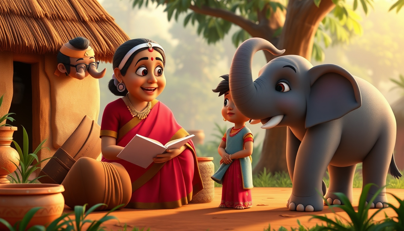Dadi Amma character explaining story
Mohans character Gudiyas character listening
Neelu the elephant character standing peacefully
warm emotional scene
3D animated cartoon style
Pixar inspired but original
soft lighting
rounded shapes
child friendly
bright colors
high quality 3D render
cinematic camera
consistent character design
Indian village environment
no text
no watermark