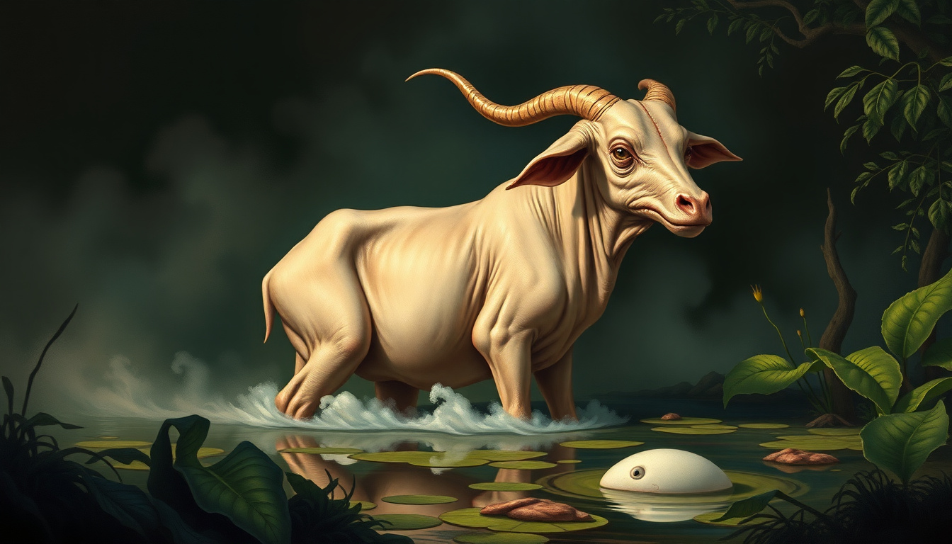 a vibrant painting with vintage lines, hard-cel shading, and 80s graphic novel aesthetic, featuring high-contrast colors in the style of j.c. leyendecker. this is rendered as a vibrant, hyper-realistic digital oil painting with a handcraft, painterly finish, emphasizing fine brushwork, layered glazes, and natural texture. a grotesque farm animal creature, with a twisted, elongated body and subtle, pulsating tumors, is depicted in a serene, contemplative mood. soft diffused light casts gentle shadows, highlighting its diseased surfaces in muted earth tones, subtle greens, and soft pastels, creating a dreamlike harmony. an otherworldly mist swirls through a dark, gothic-inspired background. the camera, set at a 42 mm focal length, captures a medium shot. the overall style balances precise oil-style strokes with exquisite elements of fantasy illustration and subtle texture, skillfully highlighting mystery and subtle horror. in the foreground, a creepy jungle pond is visible, with pale monster tentacles, each featuring a snake head, emerging from its dark depths.