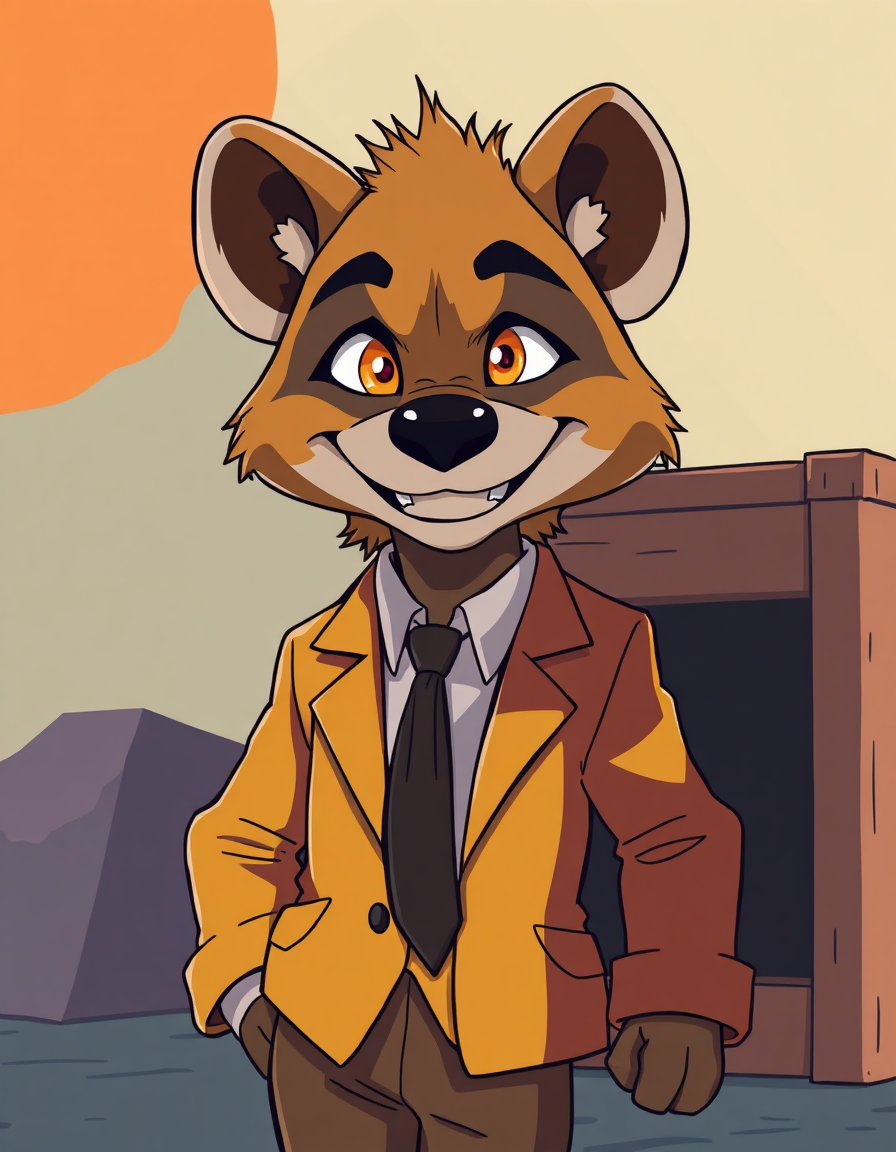 anime stylized scene with bold, disciplined linework and crisp cell-shaded colors, high-contrast lighting featuring broad specular highlights and reduced ambient fill, and simplified yet expressive facial geometry. the composition features a hyena character with a sly, cheerful grin, rendered in simple flat vector art style. the hyena wears a slightly wrinkled mustard‑yellow suit jacket and a loose dark tie, standing leaning against a wooden crate. warm brown, grey, and faded gold color palette dominates, with the hyena’s eyes depicted using layered transparent gradients, reflective hotspots, and subtle chromatic edging to convey mischievous but likeable expression. the background combines painterly atmospheric depth with simplified color blocks, maintaining the vibrant, cinematic anime aesthetic.