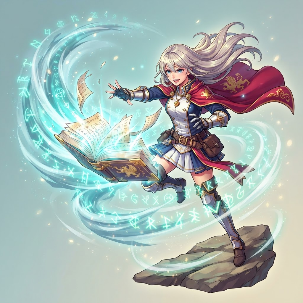Original anime mage girl casting a wind magic spell from a floating open grimoire, glowing runes and spell pages swirling around her, royal knight uniform with cape, shonen fantasy anime style, clean soft gradient studio background, vibrant, crisp high detail, digital illustration