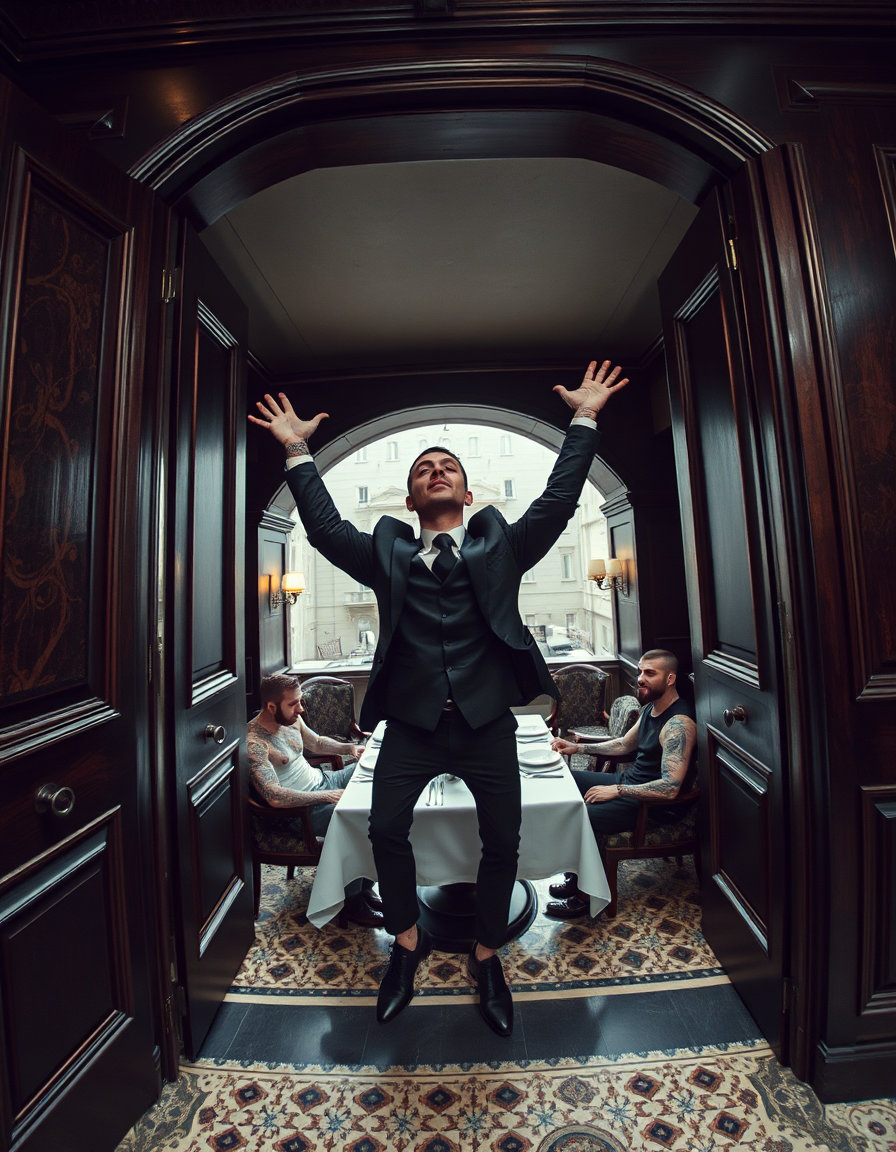 a man in a black suit covered in intricate tattoos falling backwards, arms raised, shot, in a dark wood doorway with warped architectural lines and terrazzo mosaic floor, alongside three tattooed men seated at a dinner table within the same space; crane descent view from an overhead rooftop perspective narrowing to a mid‑level angle that reveals the doorway, with broad flat illumination aloft shifting to sculpted directional light near the subjects, progressive parallax between foreground and background layers, emphasizing dual‑plane tension and unsettling optical distortion.