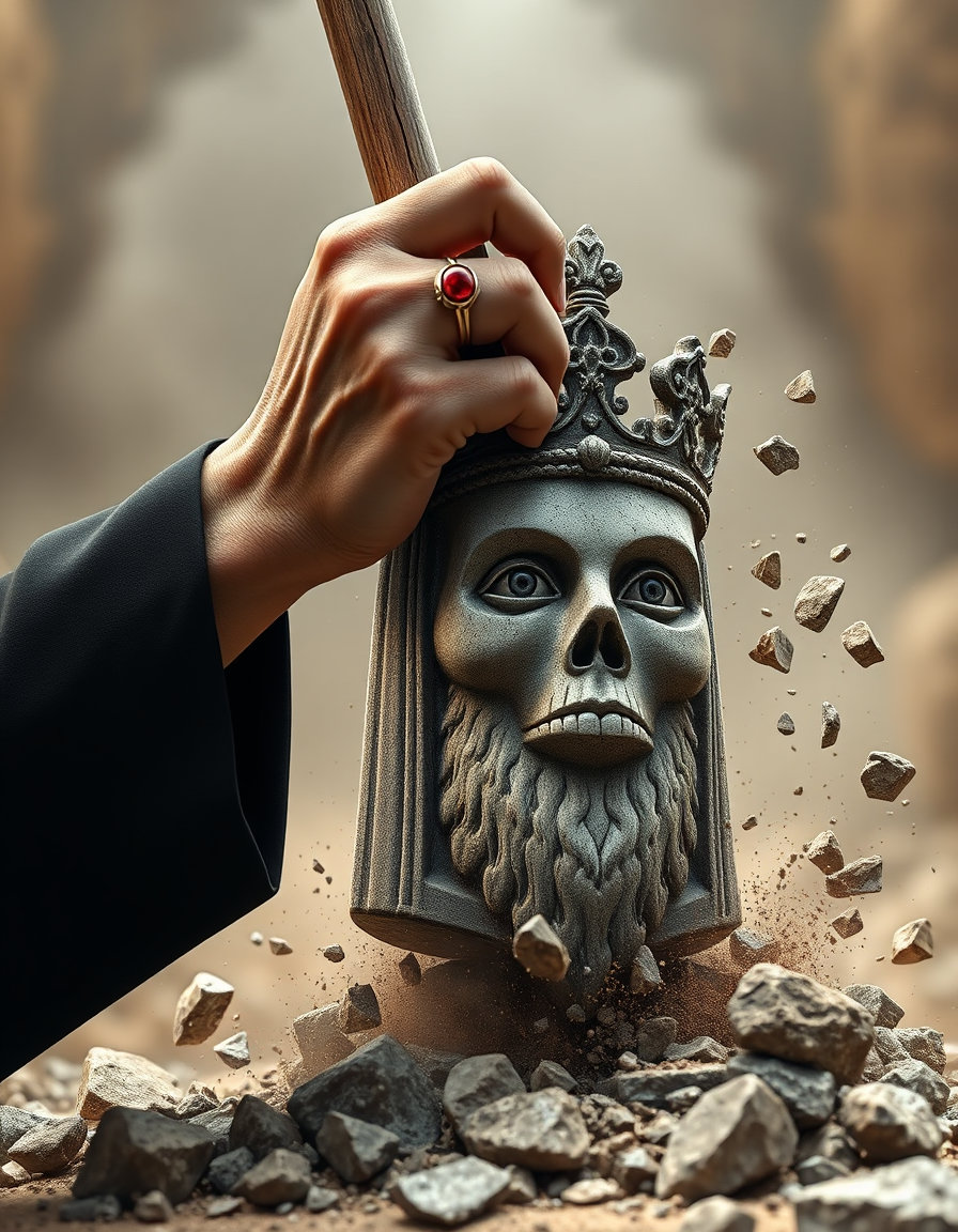 Ultra realistic cinematic 3D artwork of a sacred and noble elder’s single hand emerging from a simple black aba sleeve. The hand looks refined, powerful, spiritual, and majestic, wearing a red Aqeeq gemstone ring on one finger. The elder is tightly gripping a wooden staff (asa) and forcefully striking the head of the uploaded Baal idol image.
Usesame to same the uploaded Baal idol image as the exact reference for the idol’s appearance, facial structure, crown, stone texture, and overall design. The Baal idol must closely match the uploaded reference image in every important visual detail.
The impact is dramatic — the stone head of the Baal idol is shattering violently, with broken rocks and debris exploding and falling to the ground. On the fallen stone fragments, the flags of the United States and Israel are clearly painted. Dust, flying stone particles, cracks, and cinematic motion effects create an epic destruction scene.
Only the elder’s hand and part of the black sleeve should be visible — no face or full body. The atmosphere should feel divine, powerful, symbolic, and intense. Volumetric lighting, realistic textures, dramatic shadows, ultra detailed stone destruction, cinematic depth of field, epic spiritual mood, highly detailed 3D render, Unreal Engine style, masterpiece quality, 9:16 aspect ratio.