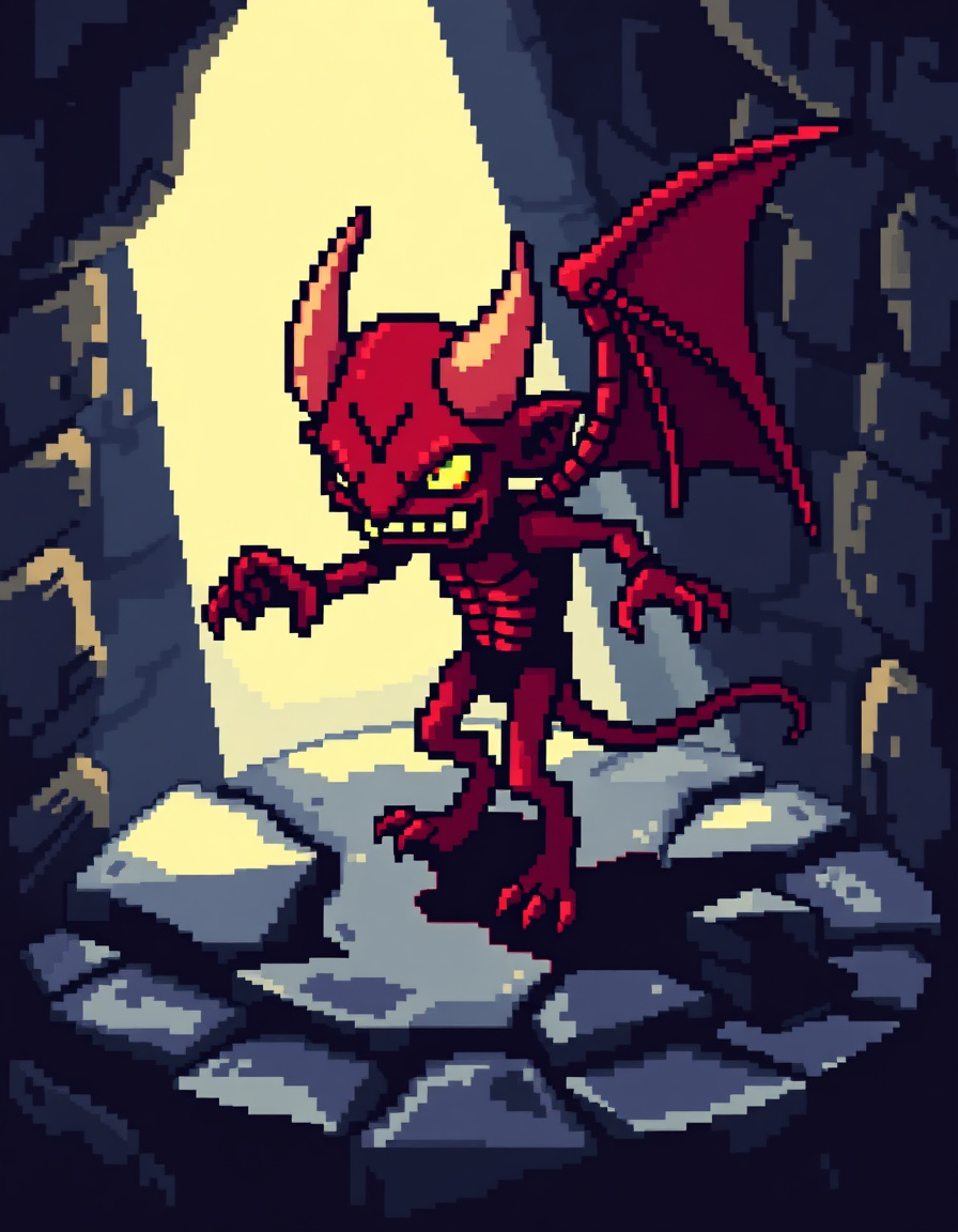 “32×32 pixel art, Diablo II style, small red demon, isometric angle, right foot forward, walking, dark fantasy dungeon lighting”