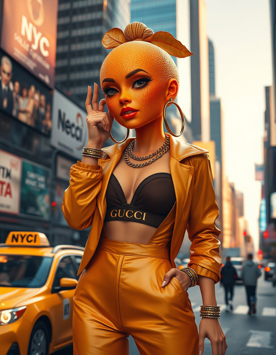 ## Style
- Medium: Digital 3D rendering, photorealistic CGI
- Technique: Subsurface scattering, anisotropic specular highlights, micro-texture mapping
- Rendering Approach: Ray-traced global illumination, physically based rendering (PBR)
- Color Treatment: Hyper-saturated, high-contrast warm palette, complementary orange-gold dominance
- Value & Contrast: High dynamic range, deep blacks against luminous highlights, dramatic tonal separation
- Detail Density: Extreme micro-detail fidelity, pore-level skin texture, intricate jewelry filigree
- Era / Movement: Contemporary digital surrealism, pop art influence, cyber-luxe aesthetic
## Subject
- Identity / Type: Anthropomorphic citrus figure, hybrid human-orange entity
- Pose & Gesture: Confident contrapposto stance, hand raised near face with manicured fingers, hip thrust
- Distinctive Features: Orange-textured epidermis, stylized eyelashes, glossy lips, leaf-adorned hair bun, metallic claws
- Clothing or Equipment: Gold Gucci-logo jacket, brown bralette, chunky gold chain necklace with "NYC" pendant, stacked bangles, oversized hoop earrings
- Scale & Proportion: Exaggerated facial features, elongated limbs, fashion-forward silhouette, urban scale context
## Environment
- Location Type: Urban metropolitan street, Times Square–adjacent commercial district
- Time of Day: Golden hour, late afternoon sun casting long shadows
- Weather & Atmosphere: Clear sky, hazy atmospheric diffusion, urban heat shimmer
- Foreground Elements: Subject centered, yellow taxi cab blurred in lower left, pavement reflections
- Background Elements: Skyscrapers, digital billboards, neon signage, traffic lights, pedestrian blur
- Architectural or Natural Features: Glass-and-steel high-rises, commercial facades, street-level signage, no natural landscape
## Mood
- Primary Emotional Tone: Bold, confident, playful, opulent, surreal
- Energy Level: High kinetic energy, dynamic posture, vibrant visual rhythm
- Tension or Calm: Controlled tension through juxtaposition of organic form and urban setting
- Genre Association: Digital fashion editorial, surreal portraiture, luxury streetwear concept art
## Lighting
- Light Source(s): Sunlight from upper right, ambient city glow, artificial billboard illumination
- Direction: Side-back lighting on subject, frontal fill from streetlights
- Quality (Hard / Soft): Hard-edged sunlight with soft ambient wrap, mixed hard/soft sources
- Color Temperature: Warm golden sunlight (~3500K) contrasted with cool blue ambient city tones
- Key-to-Fill Ratio / Contrast: High contrast, strong key light with moderate fill to preserve detail in shadows
- Shadow Character: Sharp, directional shadows on face and clothing, soft ambient occlusion in crevices
- Atmospheric Light Effects: Volumetric haze, lens flare from sun, bokeh from distant lights, chromatic aberration hints
## Composition
- Framing & Crop: Medium close-up, waist-up framing, subject dominates foreground
- Camera Angle: Slightly elevated eye-level, slight dutch angle tilt for dynamism
- Subject Placement: Center-right alignment, negative space to left for balance
- Compositional Rules in Use: Rule of thirds (subject off-center), leading lines from street and buildings
- Depth Layers: Foreground subject, midground taxi and signage, background skyline with atmospheric fade
- Negative Space: Left side open for visual breathing room, used to emphasize subject’s presence
## Texture
- Primary Materials: Citrus rind skin, polished gold metal, glossy fabric, matte plastic (taxi), glass (windows)
- Surface Quality: Hyper-realistic micro-topography, pore-level detail on skin, brushed and polished metallic finishes
- Reflectivity & BRDF Character: Anisotropic specular on gold jewelry, subsurface scattering on orange skin, glossy specular on lips and nails
- Wear, Patina, & Imperfections: Pristine surfaces with intentional stylized imperfections (e.g., slight smudge on leaf, minor scratch on earring)
## Camera
- Shot Type: Portrait with environmental context, shallow depth-of-field focus
- Implied Focal Length: ~85mm-equivalent telephoto for compressed perspective and subject isolation
- Depth of Field & Aperture Feel: Shallow depth of field (f/1.4-equivalent), subject sharp, background softly blurred
- Bokeh Character: Circular bokeh from distant lights, creamy blur with color fringing hints
- Lens Artifacts: Subtle chromatic aberration, slight vignetting, mild motion blur on moving taxi