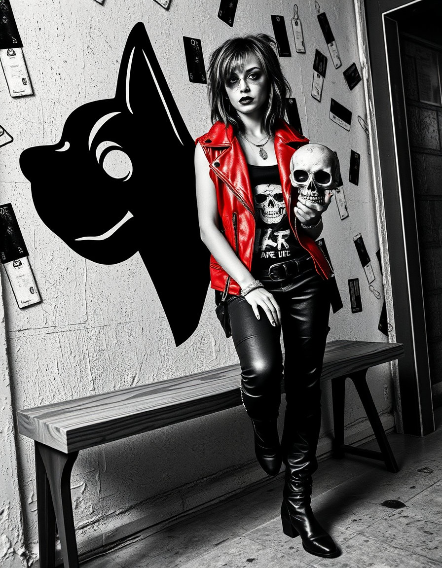 Un mur avec des tag en forme de dog , vibrant un banc au milieu , une femme punk rock assise élégante style hip hop veste en cuir rouge rock pantalon hip hop avec une tête de skull a la main et une projection de skull rock en noir hyperréaliste en noir et blanc phothografique