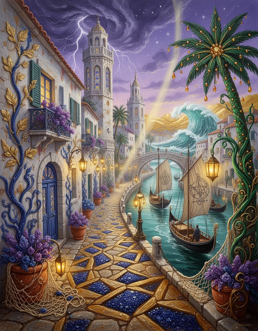 A breathtaking, hyper-tactile fusion of Mediterranean realism and ethereal fantasy, where the sun-drenched village of Le Racou is reimagined as a sprawling sculptural masterpiece of encaustic wax and Byzantine opulence, seamlessly merging into a twilight canal city of impossible elegance. From an aerial low-angle perspective, the viewer is plunged down a narrow cobblestone alley transformed into a tactile dreamscape, where the path is paved in thick amber-hued wax strokes that fracture into geometric wind-carved dunes packed with shimmering crushed lapis lazuli. The whitewashed walls, stained with salt and age, bleed into intricate mosaics where gold-leaf vines sprout sapphire-blue tendrils, and vivid terracotta flower pots evolve into three-dimensional impasto thickets of violet and cobalt resin. As the alley opens, the architecture ascends into impossibly tall, slender towers with ornate balconies and stained-glass windows, connected by glowing stone bridges that arch like ribbons of light across crystal-clear turquoise canals. In the harbor, wooden fishing boats with sun-bleached sails embroidered with alchemical sigils in raised wax threads glide beside elegant gondolas carrying warm golden lanterns, their rigging dissolving into swirling Art Nouveau filigree. The environment is a sensory explosion of textures: the grit of salt-weathered nets, the molten sheen of gilded wax, the luminous acrylic layering of the water, and the soft alcohol-ink diffusion of magical mist floating above sapphire-blue depths. Above, a swirling indigo storm stitched with lightning meets a twilight sky of royal violet and soft lavender, where the first stars begin to sparkle. Brilliant volumetric shafts of light pierce the alley, clashing with the radiant glow of hundreds of lanterns, while palm trees twist into emerald starbursts encrusted with amber droplets and gold-leaf waves freeze mid-crash against a horizon of shimmering gold. The entire scene is rendered with ultra-sharp precision, blending rich oil textures with delicate gouache highlights, dominated by a vibrant palette of deep azure, glowing amber gold, royal violet, and emerald green. Sharp focus, depth of field, 8K HDR, professional lighting, Canon EOS R5, DSLR, 75mm lens., soft focus, depth of field, 8k photo, HDR, professional lighting, taken with Canon EOS R5, DSLR, 75mm lens