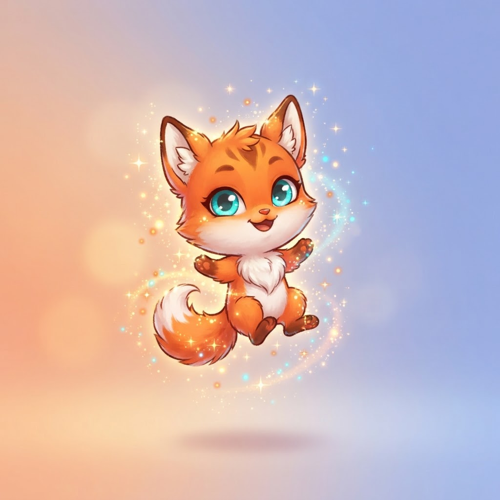 a tiny cute floating magical creature companion, orange fox themed with big eyes, french animated series art style