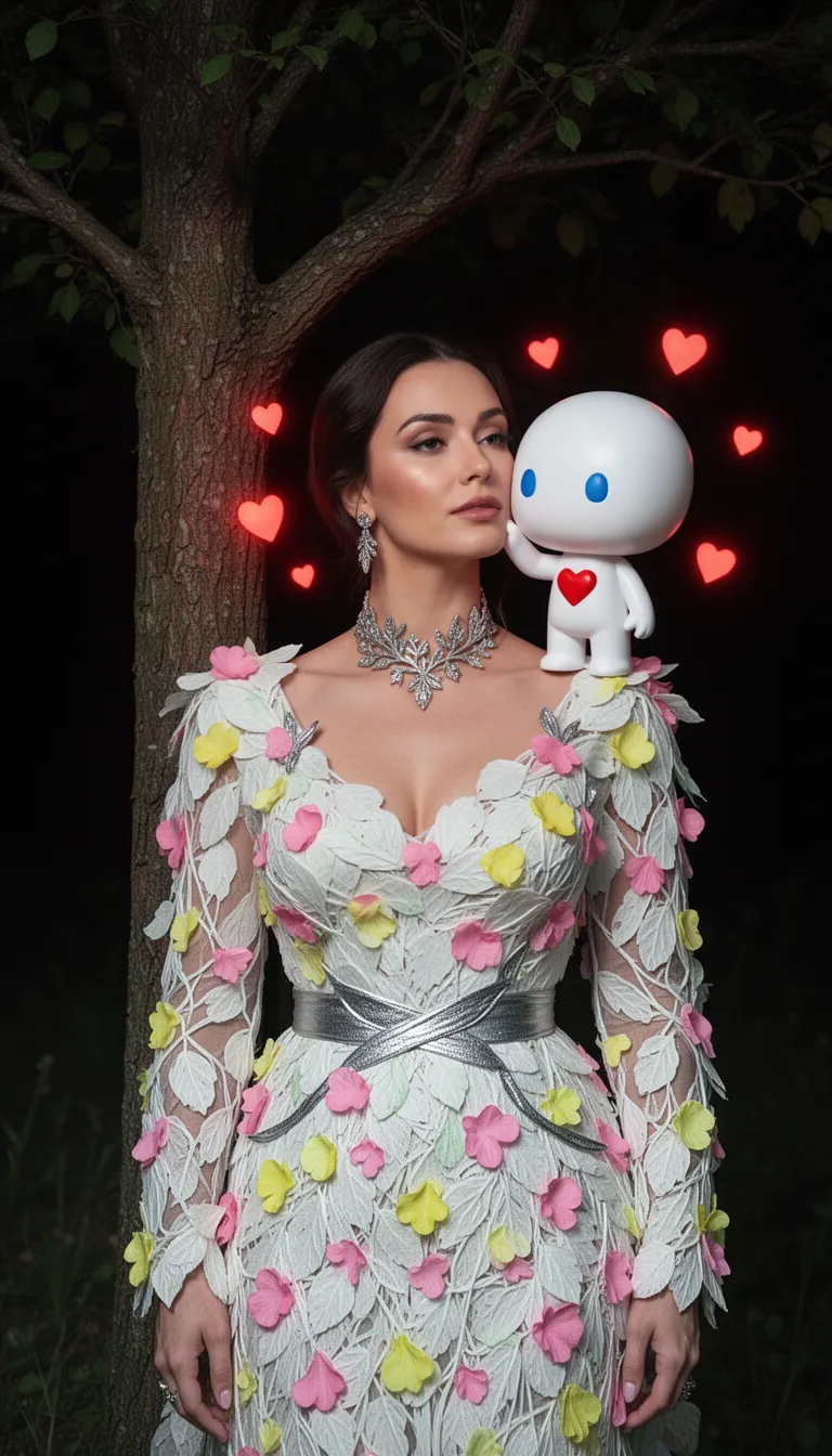 a luxurious woman in a nature‑woven dress stands beside a solitary tree, her white leaf‑and‑petal outfit with silver waist accents and an exquisite silver choker adorned with delicate botanical motifs, glowing in a candy‑noir palette of bubblegum pink, lemon yellow and mint against absolute black. perched on her shoulder, a tiny chibi‑style humanoid mascot with a smooth white vinyl body, featureless round head, blue dot eyes and a red heart embossed on its chest affectionately nuzzles her cheek, while tiny glowing red hearts float around their faces. the scene is lit with soft cinematic lighting, sharp saturated colors and deep shadows, preserving the high‑fashion editorial feel and playful sinister candy tones.