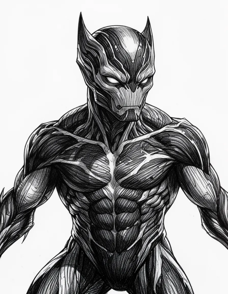 a solitary dynamic pose of a sleek, stylized creature rendered entirely in high‑contrast black‑and‑white isoline art, thousands of razor‑sharp parallel contour lines bending and converging to map every muscular curve and facial feature with meticulous precision. the lines vary in density: tightly packed, near‑black strokes create deep, intense shadows, while widely spaced, bright white gaps form luminous highlights, producing a striking moiré illusion of three‑dimensional volume on a flat plane. the subject is framed in a close‑up cinematic shot, camera angled slightly below eye level, emphasizing dramatic lighting that casts harsh, crisp shadows and stark highlights across the sculpted form. the background is a pure white negative space, enhancing the positive‑negative interplay of the isolines. every edge is ultra‑sharp with zero blur, delivering an almost tactile texture of micro‑detail, as if the viewer could feel the contour grooves. the overall mood is vivid, jarring, and hyper‑real, with extreme contrast that makes the monochrome lines pop like liquid metal against the bright backdrop.