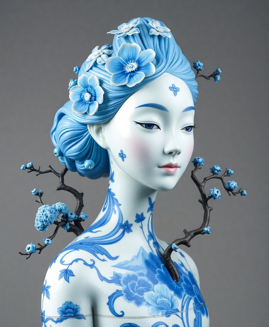 frau in fötusstellung als blau‑weiße porzellanskulptur, hyperdetaillierte glasierte keramik, kunstvolle chinesische tuschemalerei von bonsai‑bäumen, bergen, flüssen und pavillons, gesicht verziert mit blauen floralen zweigmustern, hochgestecktes haar, aus kopf, schulter, arm und rücken wachsende dreidimensionale bonsai‑skulpturen, vor neutralem grauen studiohintergrund, präsentiert in abstraktem dreiteiligen vertikalen triptychon mit geometrischen paneelen, extreme wide establishing view, 14‑20mm lens perspective, umgebung dominiert die winzige menschliche figur, atmosphärische tiefe und geschichtete ebenen, sanftes licht, ätherische heitere zeitgenössische kunst