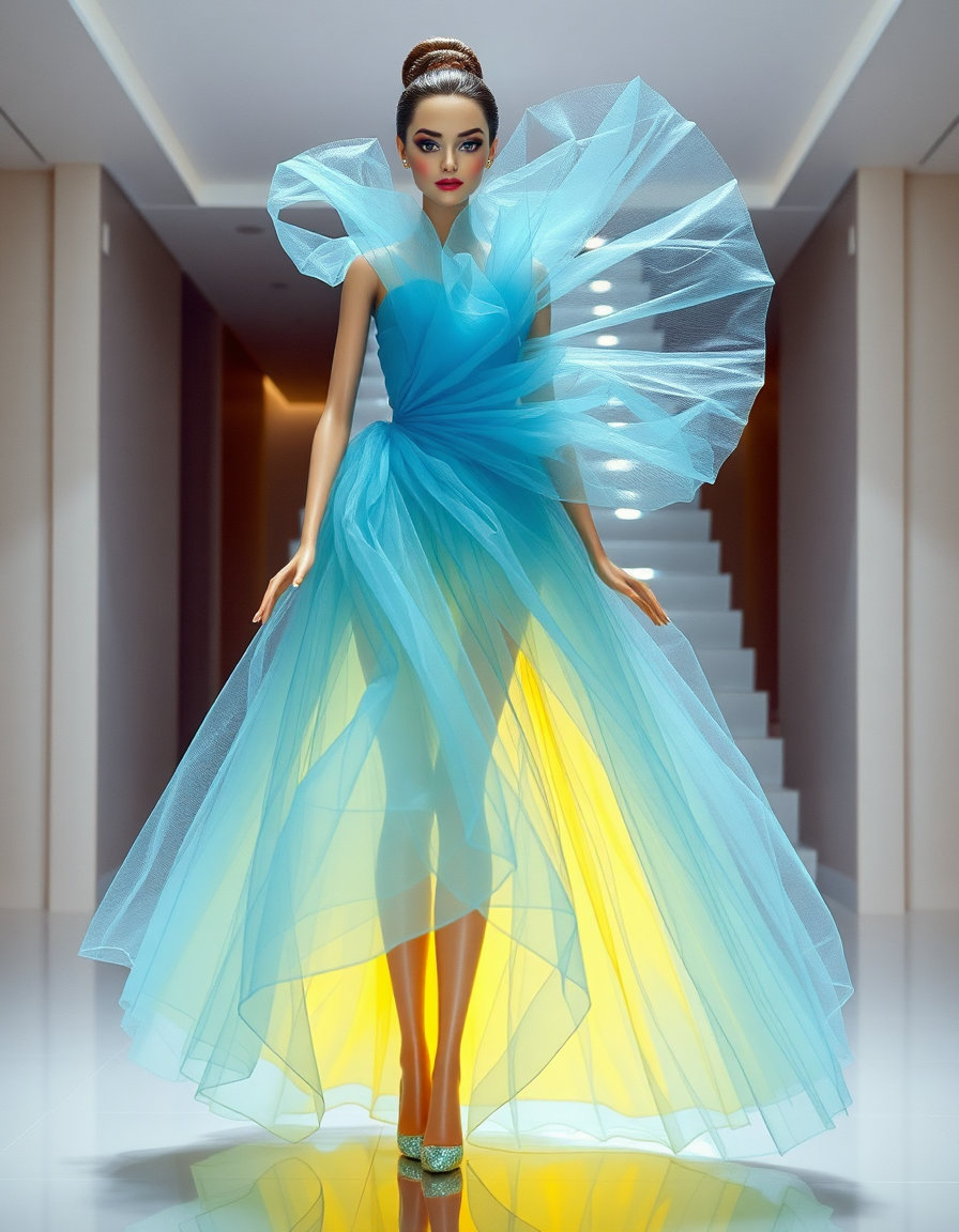 Kodak Vision3 250D — video of a female Integrity Toys glamour fashion doll wearing sky blue origami‑folded tulle expanding and contracting with movement; neon yellow underskirt flashing rhythmically; holographic staircase lighting shifting in waves. Palette: sky blue, neon yellow, silver shimmer.