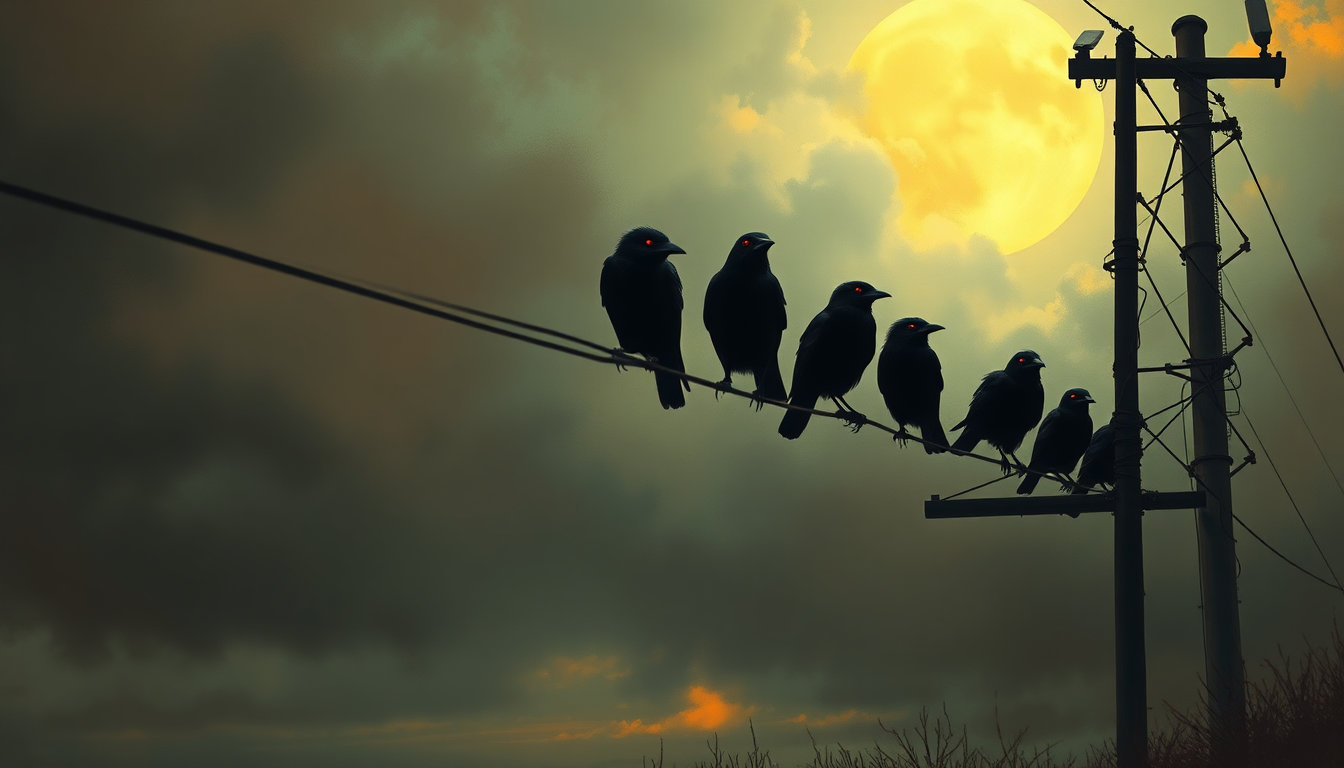 in the foreground, a hauntingly serene scene unfolds, depicting a creepy row of black birds perched atop a wire telephone line, suspended high above the ground, their sleek silhouettes stark against the ominous sky. each bird's sleek feathers seem to absorb the faint luminescence of the surroundings, while their beady eyes appear to gleam with an unsettling intelligence in the fading light of day. the telephone lines, thin and wiry, stretch tautly, like skeletal fingers reaching out into the horizon, a testament to the eerie, forgotten world below. in the background, a digital oil painting style dominates the landscape, characterized by vibrant, hyper-realistic brushstrokes, with colors that seem almost palpable, as if the very essence of the oil painting's soul has been distilled into this haunting scene. the overall effect is one of vintage, hard-edged shading, a la 80s graphic novels, where bold lines and high contrast colors conspire to evoke a sense of nostalgia and unease. meanwhile, the entire environment is bathed in a painterly medium quality, as if the very atmosphere itself has been imbued with the tactile quality of handmade brushstrokes and natural textures. the air is thick with the scent of layered glazes, which imbue the scene with a sense of depth and refinement, a testament to the concept-art quality that permeates every detail, from the subtle play of light on the birds' feathers to the intricate play of shadows on the telephone lines. in this mesmerizing, eerie tableau, the artist's hand can be felt, guiding the viewer's eye through a sea of vibrant colors, as if conjuring an alternate reality, one that exists simultaneously with our own, yet beckons the viewer to step into its haunted, yet beguiling world.