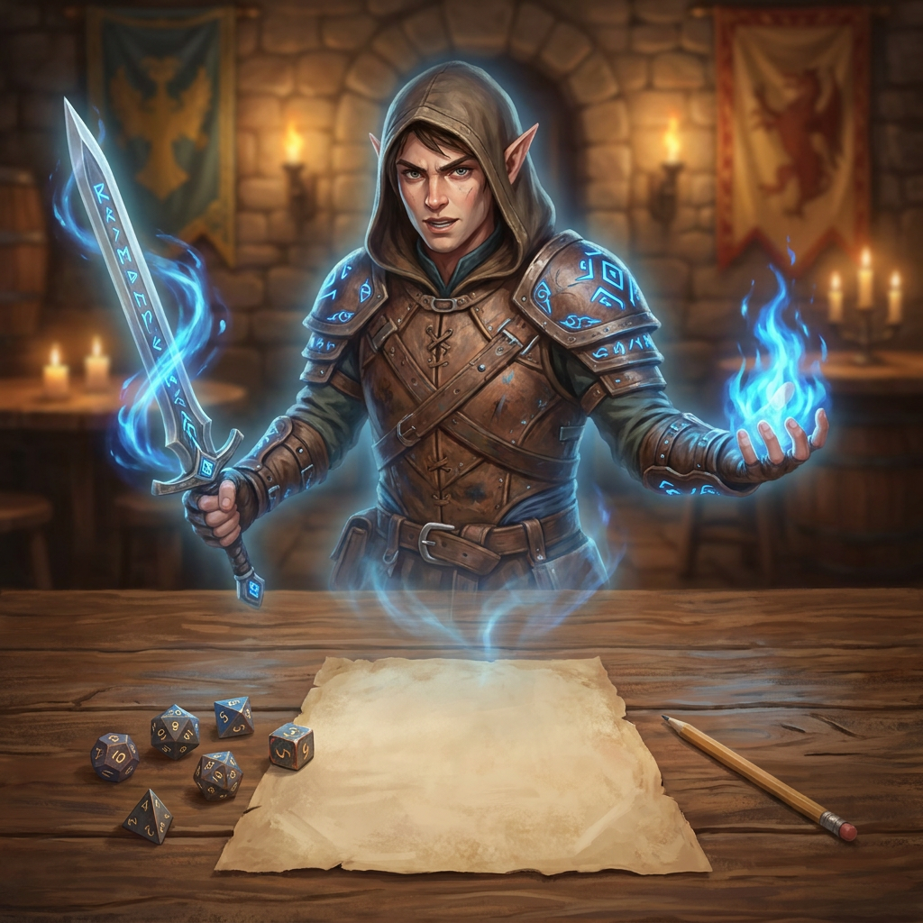 A detailed fantasy character portrait generation scene for tabletop RPG players. A blank character sheet, dice, and pencil lie on a table, and above them appears a fully realized original adventurer: a young half-elf spellblade wearing travel-worn leather armor, glowing arcane runes, expressive face, unique silhouette, weapon and spell effect visible. The image should feel like a player’s original character brought to life from a campaign sheet. Beautiful fantasy portrait, rich details, cinematic lighting, painterly realism, sharp face, clean background, no readable text, no logos, no watermark.