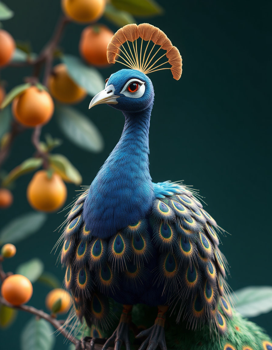 **Medium:** 3D digital art, CGI rendering, computer-generated imagery

**Technique:** Physically-based rendering (PBR), subsurface scattering, volumetric lighting, global illumination, ray-traced reflections

**Rendering Approach:** High-fidelity photorealism with stylized character design, non-photorealistic rendering (NPR) elements, hybrid realism

**Line Quality:** Soft, organic contours, smooth edge blending, no visible hard edges, seamless silhouette definition

**Color Treatment:** Vibrant, saturated chroma, complementary color harmony (blue-green-peach), high color temperature, luminous palette, chromatic richness

**Value & Contrast:** Mid-tone dominance, soft chiaroscuro, low-contrast lighting, diffused ambient occlusion, gentle tonal transitions

**Detail Density:** Hyper-detailed textures, intricate feather patterning, fine fur and hair simulation, high-resolution surface definition, micro-detail richness

**Surface & Material Treatment:** Glossy wet surfaces, specular highlights on feathers and fruit, matte organic textures, anisotropic reflection on peacock plumage, subsurface scattering on animal fur

**Era / Movement:** Contemporary digital illustration, modern fantasy realism, post-digital aesthetic, neo-naturalism

**Overall Aesthetic:** Whimsical fantasy realism, storybook elegance, animated film aesthetic, polished commercial illustration