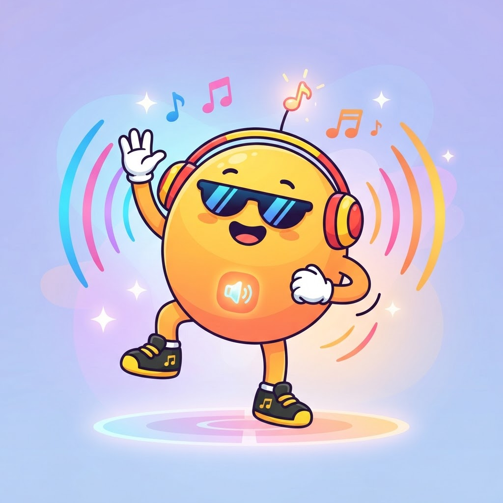 cute simple music-game character, round yellow and orange body, sunglasses, little antenna, dancing pose with sound waves, flat cartoon style, full body, clean soft gradient studio background, vibrant, crisp high detail, digital illustration