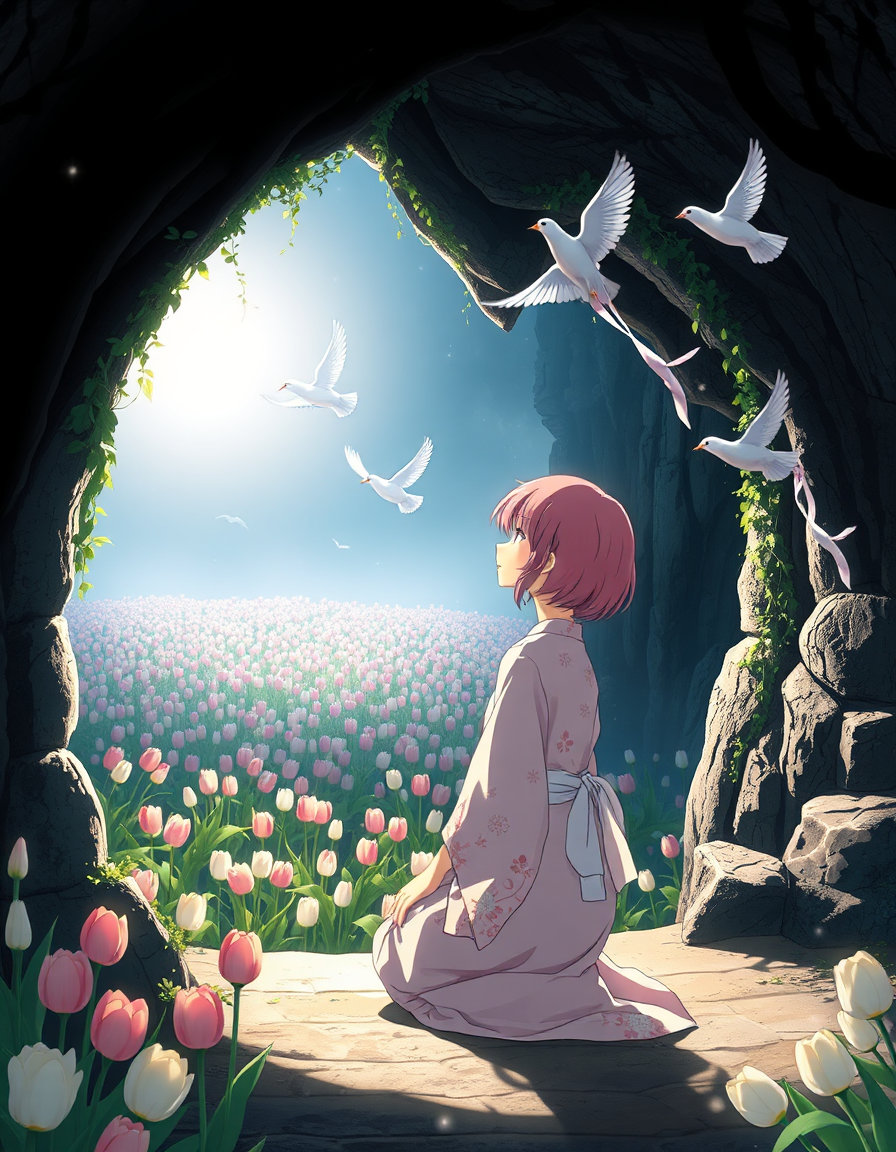 "Serene anime aesthetic. A beautiful girl with pink hair kneels gracefully inside a dark ancient stone cave, hands resting on her lap, gazing in wonder through a vine-covered arch at a sunlit sea of tulips. She wears a delicate light pink floral kimono with flowing sleeves. Several pure white doves with long silky ribbons attached fly gracefully from the cave into the bright sky. Dramatic contrast lighting, soft glowing particles, peaceful and emotional atmosphere, Studio Ghibli influence, masterpiece."