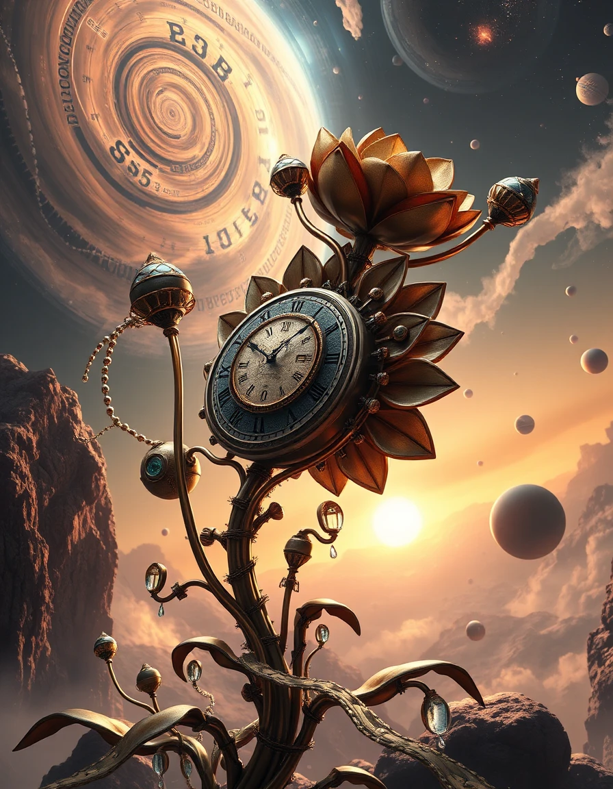 ## Style
- Medium: Digital painting, 3D rendering, photorealistic illustration
- Technique: Hyper-detailed realism, intricate line work, volumetric rendering
- Rendering Approach: Ray tracing, global illumination, subsurface scattering
- Color Treatment: Analogous warm palette (ochre, burnt sienna, gold) with complementary cool accents (cobalt, teal, indigo)
- Value & Contrast: High dynamic range, deep blacks, luminous highlights, dramatic tonal separation
- Detail Density: Ultra-high fidelity, micro-textures, fine mechanical detailing
- Era / Movement: Steampunk, Surrealism, Cosmic Fantasy, Neo-Renaissance

## Subject
- Identity / Type: Anthropomorphic mechanical flora, celestial clockwork flowers
- Pose & Gesture: Organic growth pattern, upward-reaching stems, dynamic asymmetry
- Distinctive Features: Roman numeral clock face, gear mechanisms, gemstone inlays, metallic petal veining
- Clothing or Equipment: Ornate brass casings, articulated joints, decorative rivets, crystalline accents
- Scale & Proportion: Monumental scale, exaggerated botanical forms, cosmic perspective distortion

## Environment
- Location Type: Extraterrestrial void, nebular expanse
- Time of Day: Eternal twilight, perpetual cosmic illumination
- Weather & Atmosphere: Ethereal mist, stardust particulates, gaseous nebulae
- Foreground Elements: Twisting metallic vines, floating planetary orbs, crystalline dewdrops
- Background Elements: Spiral galaxies, distant suns, cosmic dust clouds
- Architectural or Natural Features: No terrestrial architecture; natural cosmic formations dominate

## Mood
- Primary Emotional Tone: Awe-inspiring wonder, melancholic grandeur, temporal transcendence
- Energy Level: Dynamic yet serene, rhythmic motion implied by swirling nebulae
- Tension or Calm: Balanced tension between mechanical precision and organic fluidity
- Genre Association: Science fiction, fantasy, metaphysical allegory, cosmic horror-lite

## Lighting
- Light Source(s): Multiple point sources (distant stars, nebular glow), internal luminescence from clock faces
- Direction: Omnidirectional with strong backlighting from galactic centers
- Quality: Soft diffuse ambient light with sharp specular highlights on metallic surfaces
- Color Temperature: Dual temperature contrast — warm (2800K–3200K) from stars, cool (6500K–8000K) from nebulae
- Key-to-Fill Ratio / Contrast: High contrast (1:8+), deep shadows with glowing rim lights
- Shadow Character: Soft-edged shadows with volumetric depth, interplay of occlusion and translucency
- Atmospheric Light Effects: God rays through nebulae, starburst flares, caustic refractions through gemstones

## Composition
- Framing & Crop: Full-frame vertical composition, no cropping of main subjects
- Camera Angle: Slightly elevated Dutch angle, tilted to enhance dynamism
- Subject Placement: Asymmetrical balance — largest flower bottom-left, counterweighted by cluster top-right
- Compositional Rules in Use: Golden spiral alignment, rule of thirds with diagonal flow, fractal repetition
- Depth Layers: Three distinct planes — foreground flowers, midground nebula swirls, background galaxies
- Negative Space: Minimal; entire frame filled with cosmic texture and floral elements

## Texture
- Primary Materials: Polished brass, oxidized copper, faceted quartz, brushed steel, nebular gas
- Surface Quality: Highly reflective metallic surfaces, matte organic petals, translucent gemstones
- Reflectivity & BRDF Character: Anisotropic specular highlights on metal, Lambertian diffuse on petals, Fresnel reflections on glass
- Wear, Patina, & Imperfections: Deliberate patina on brass, micro-scratches on gears, dust accumulation on petals, cosmic erosion on orbs

## Camera
- Shot Type: Wide-angle environmental portrait with macro detail integration
- Implied Focal Length: 35mm-equivalent wide for context, zoomed to 100mm-equivalent for flower details
- Depth of Field & Aperture Feel: Shallow depth of field (f/2.8–f/4 equivalent) with selective focus on central clock flower
- Bokeh Character: Circular bokeh from distant stars, creamy out-of-focus nebula gradients
- Lens Artifacts: Subtle chromatic aberration on star edges, slight vignetting, lens flare from bright nebula cores